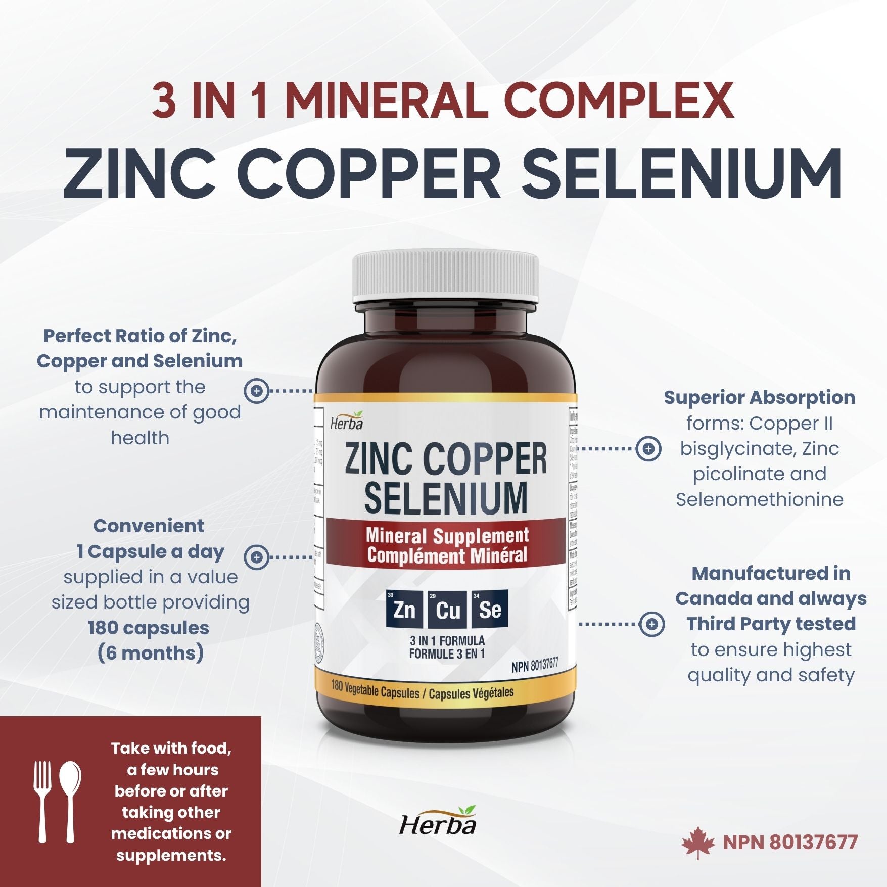 Zinc Copper Selenium Supplement - 180 Capsules | Made in Canada