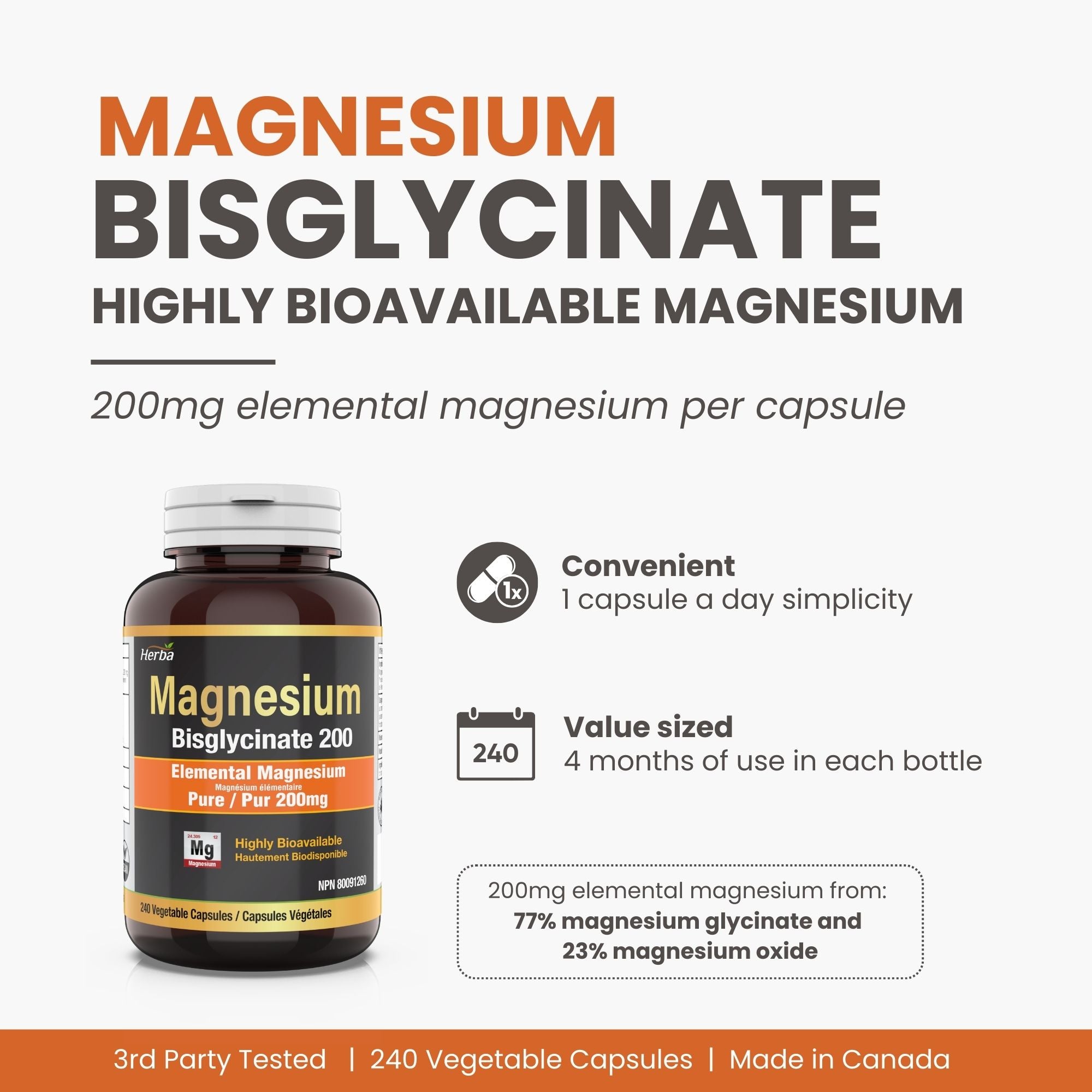 Bisglycinate de Magnésium 200mg - 240 Gélules Végétales