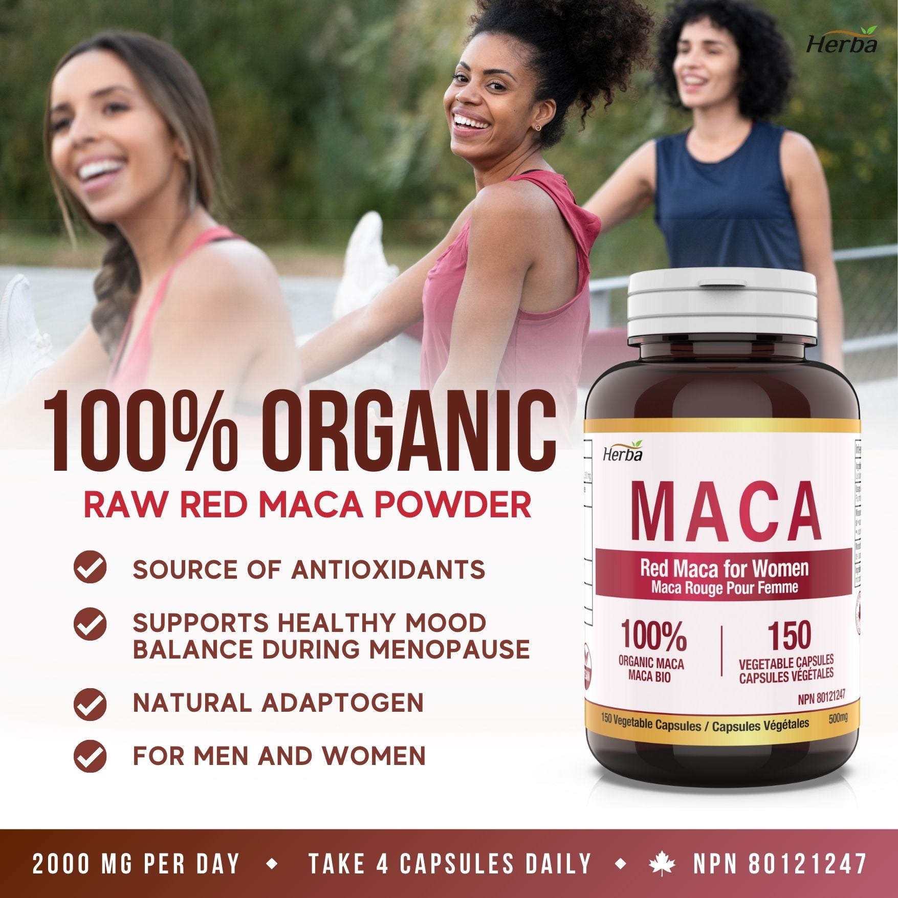Gélules de Maca rouge biologique pour femme – 500 mg, 150 gélules
