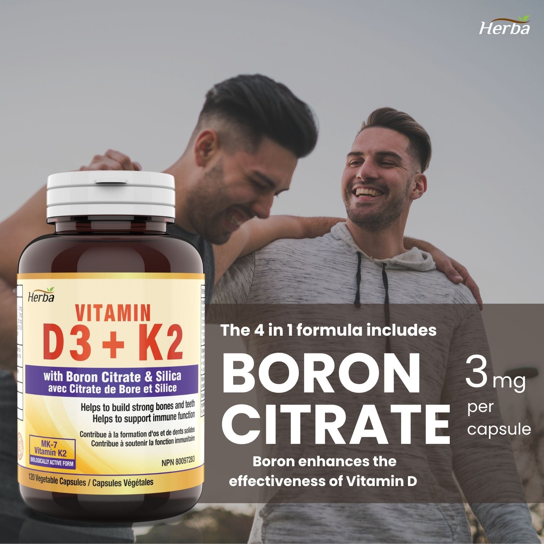 Vitamin D3 + K2 with Boron Supplement - 120 Vegetable Capsules | Vitamin K2 MK-7 and Vitamin D3 1000 IU