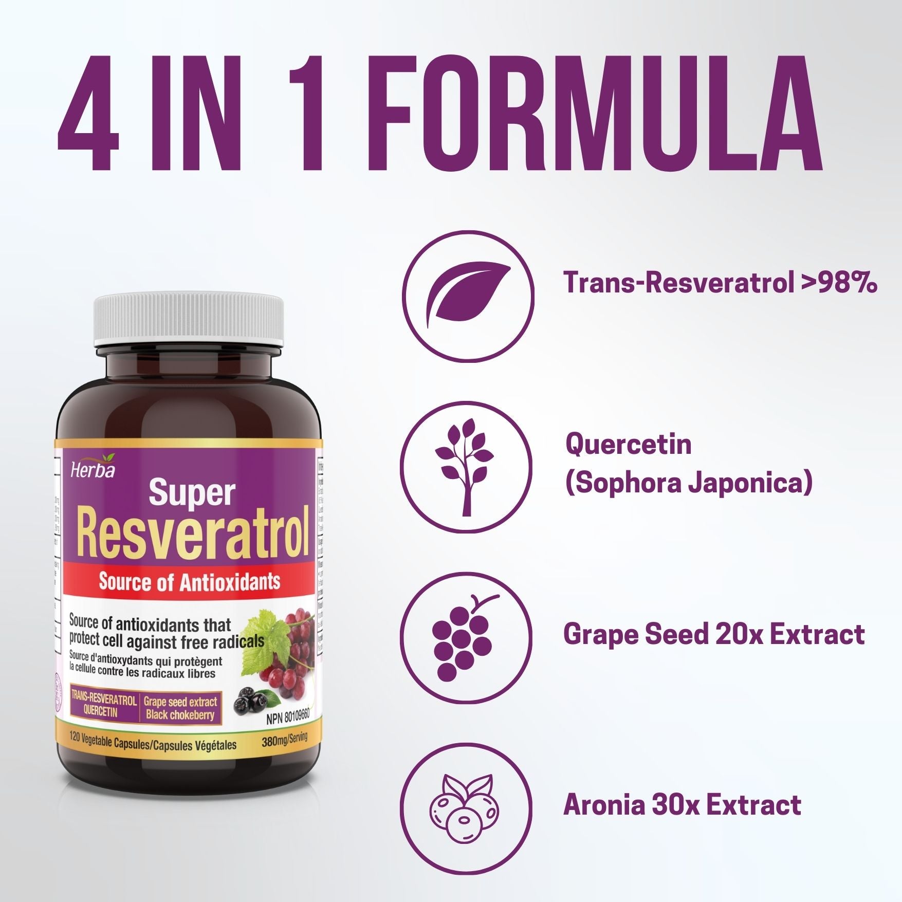 Resveratrol Supplement - 120 Capsules | Trans-Resveratrol with Echinacea, Quercetin, Grape Seed Extract, and Aronia