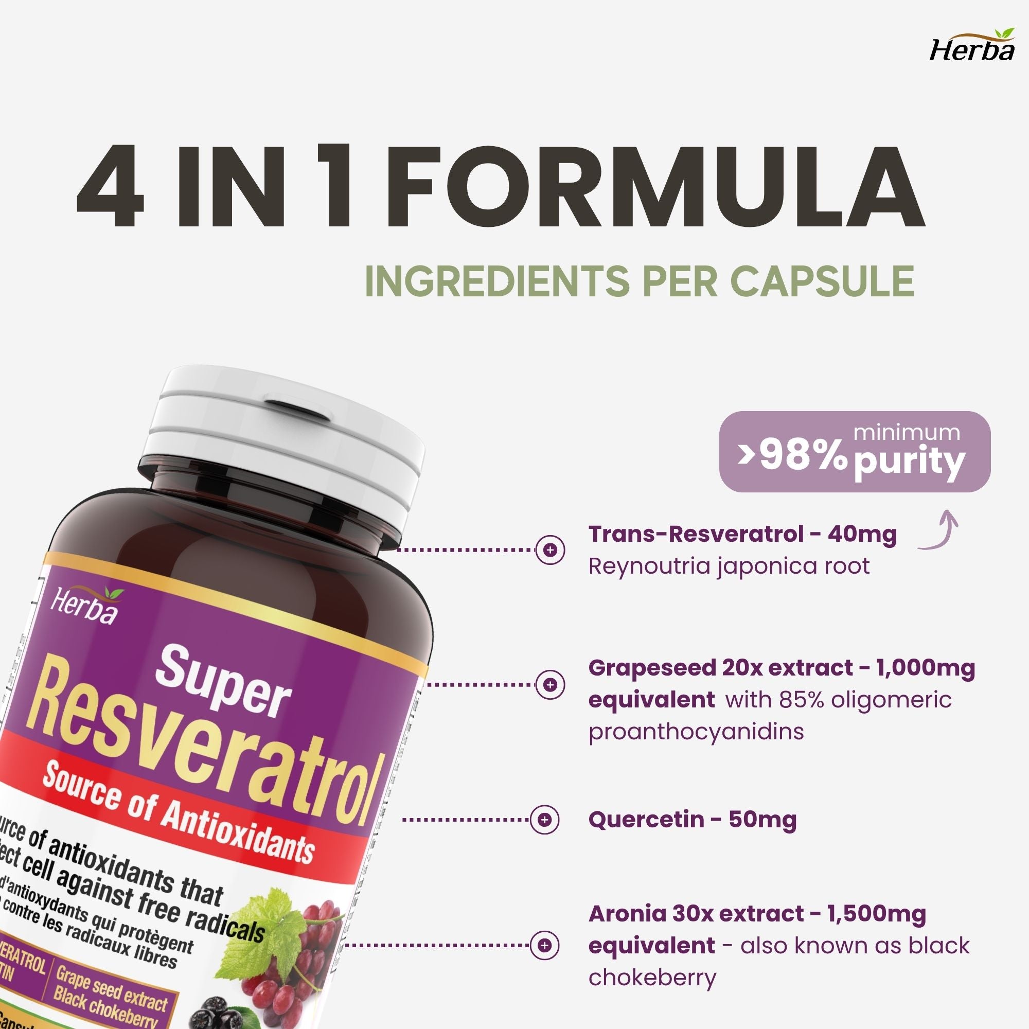 Complément de Resvératrol - 120 capsules | Trans-resvératrol avec échinacée, quercétine, extrait de pépins de raisin et aronia
