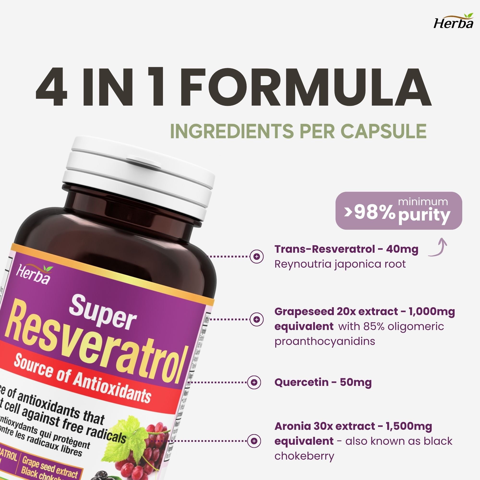 Complément de Resvératrol - 120 capsules | Trans-resvératrol avec échinacée, quercétine, extrait de pépins de raisin et aronia