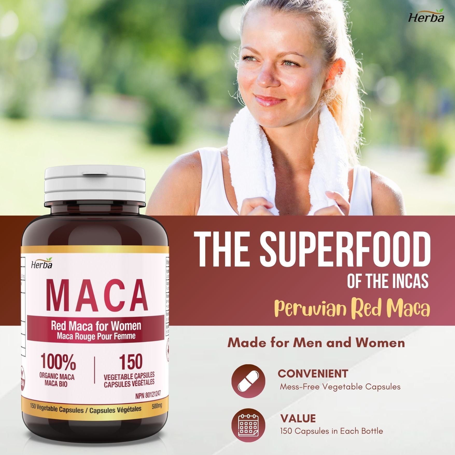 Gélules de Maca rouge biologique pour femme – 500 mg, 150 gélules