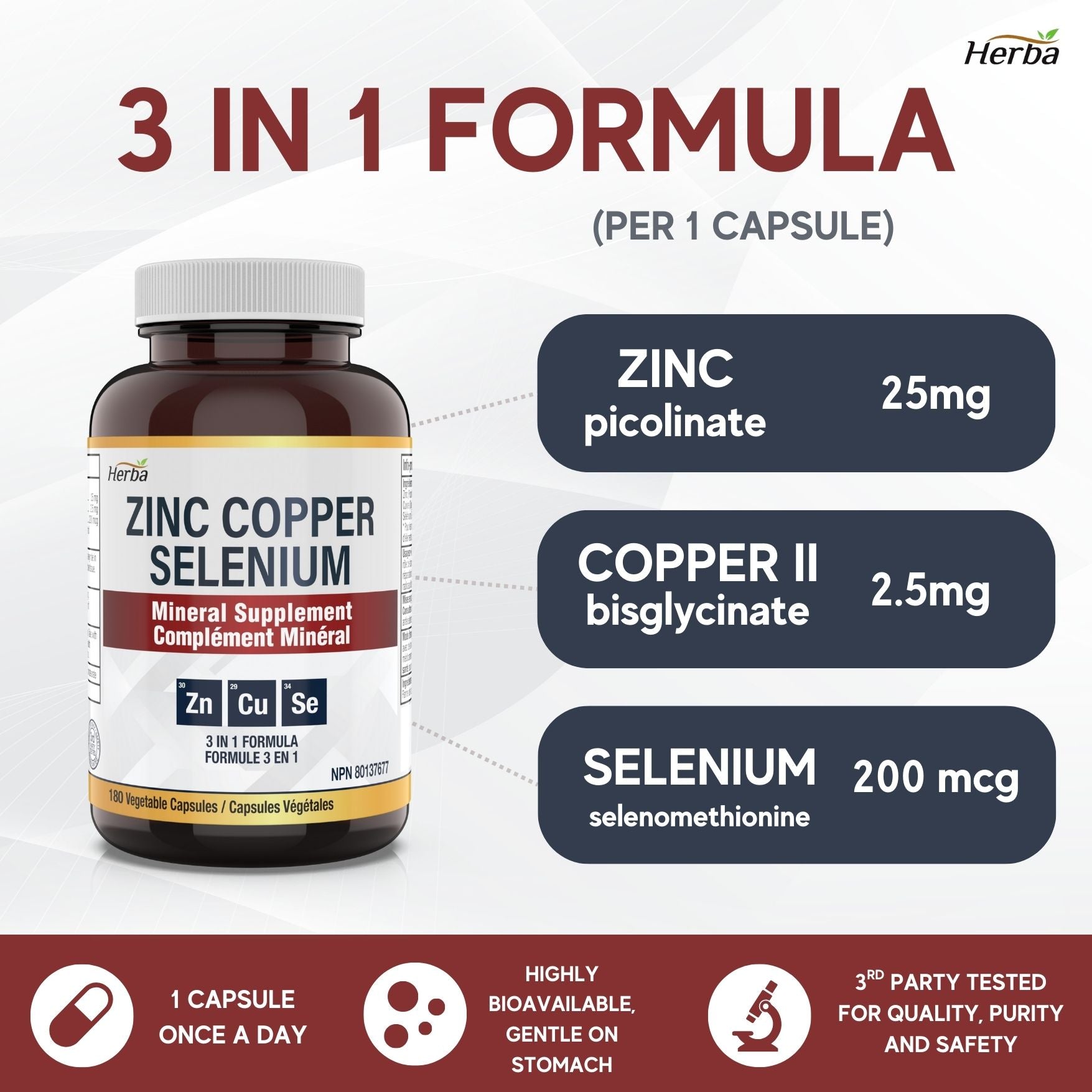 Zinc Copper Selenium Supplement - 180 Capsules | Made in Canada