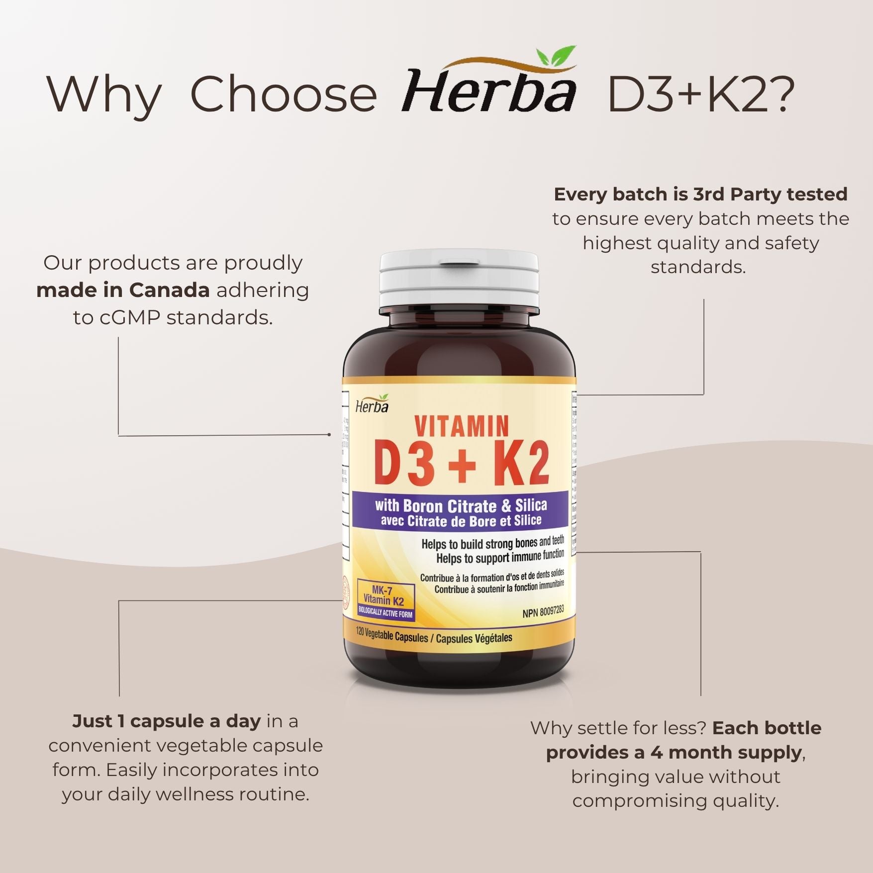 Vitamin D3 + K2 with Boron Supplement - 120 Vegetable Capsules | Vitamin K2 MK-7 and Vitamin D3 1000 IU