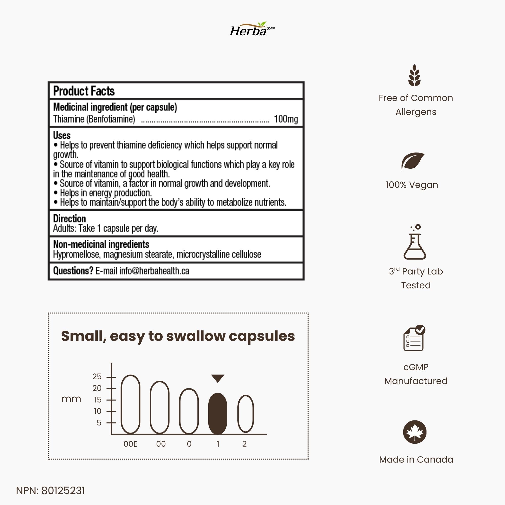 Benfotiamine 100mg - 120 capsules | Vitamine B1 liposoluble | Fabriqué au Canada