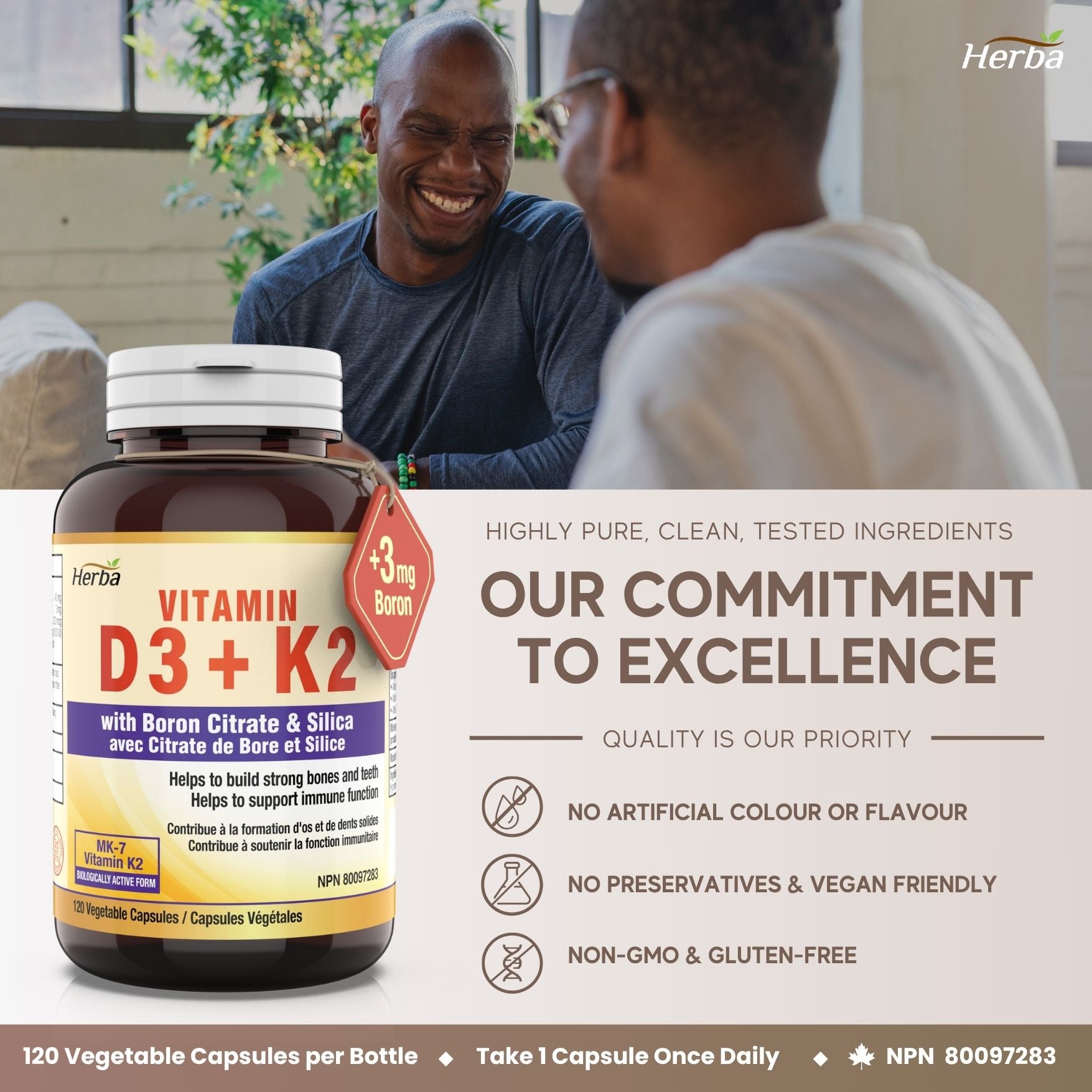 Vitamin D3 + K2 with Boron Supplement - 120 Vegetable Capsules | Vitamin K2 MK-7 and Vitamin D3 1000 IU
