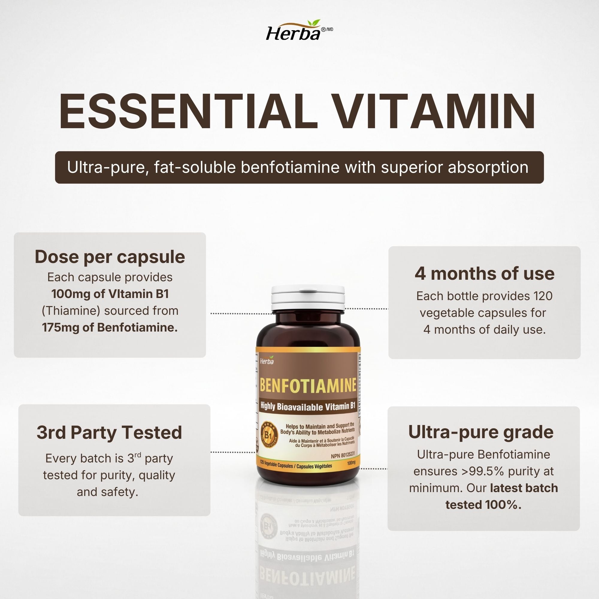 Benfotiamine 100mg - 120 capsules | Vitamine B1 liposoluble | Fabriqué au Canada
