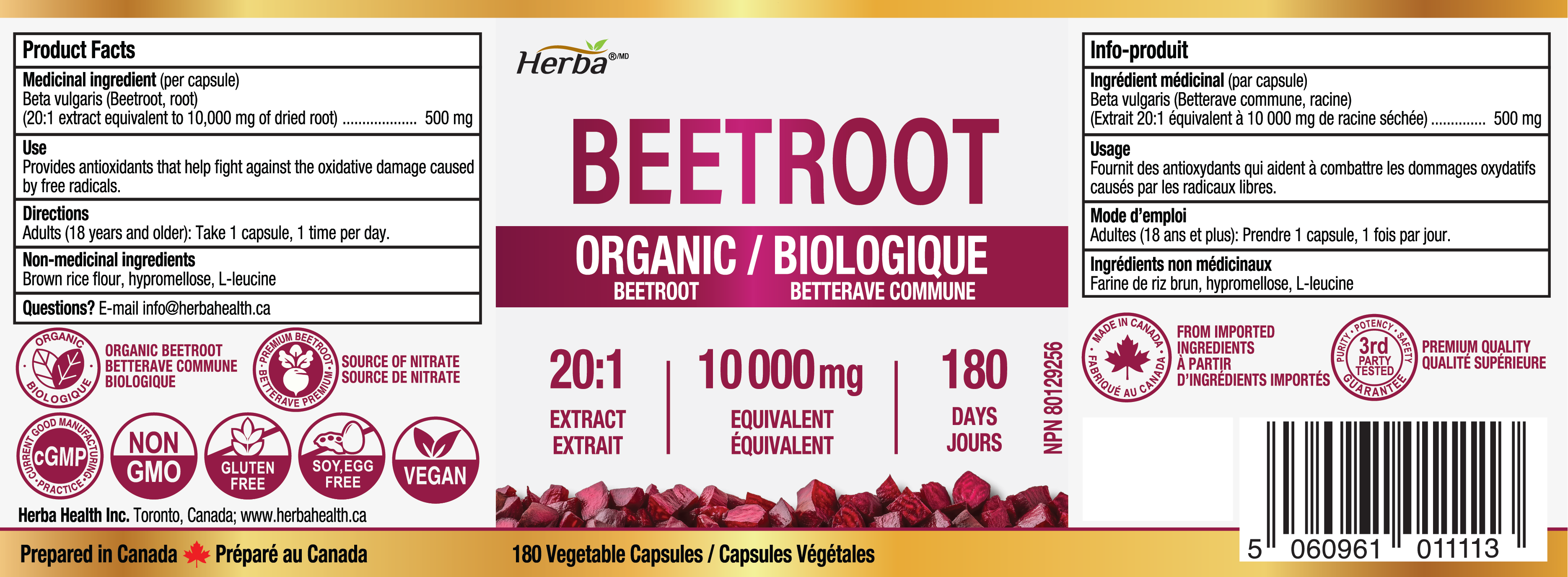 Supplément de racine de betterave biologique - 180 Capsules | Équivalent à 10 000 mg - Extrait de betterave 20:1 | Fabriqué au Canada