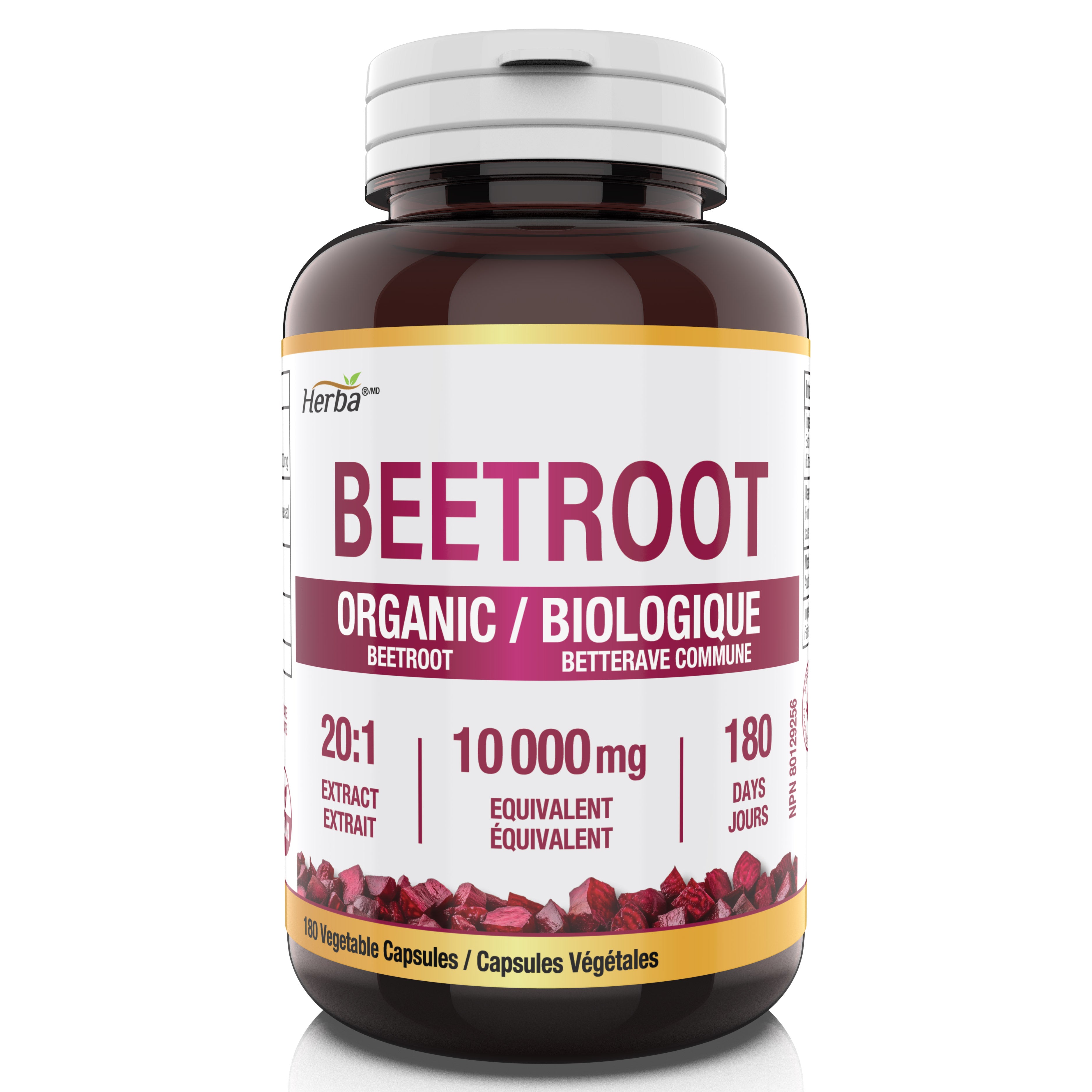 Supplément de racine de betterave biologique - 180 Capsules | Équivalent à 10 000 mg - Extrait de betterave 20:1 | Fabriqué au Canada
