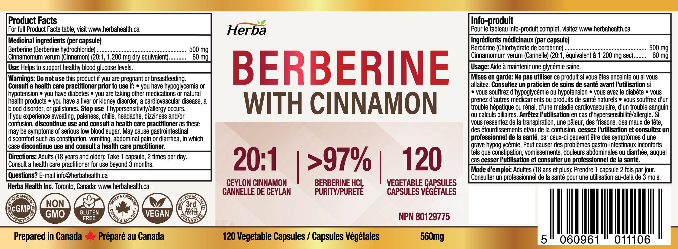 Supplément de Berbérine à la Cannelle de Ceylan – 120 Gélules | Bérberine 1000mg (par portion) | Fabriqué au Canada