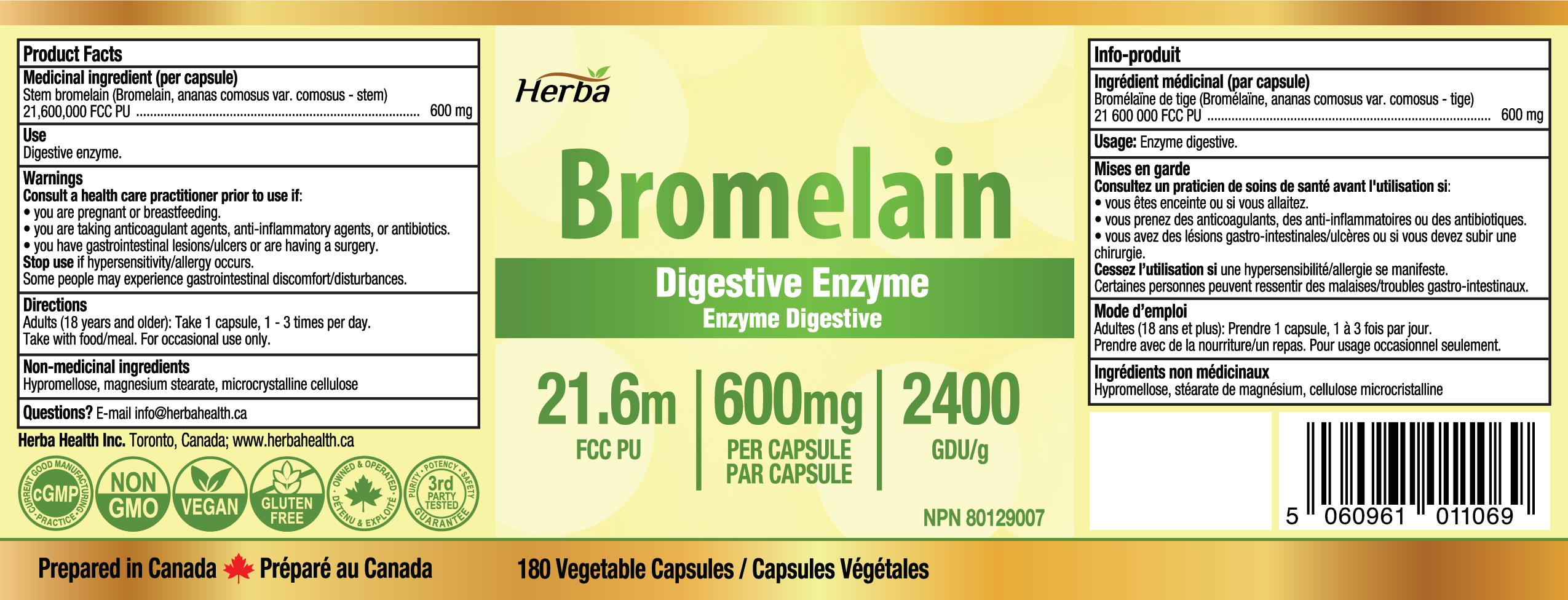 Supplément de bromélaïne 600 mg – 180 gélules | Puissance maximale de 2 400 GDU/g