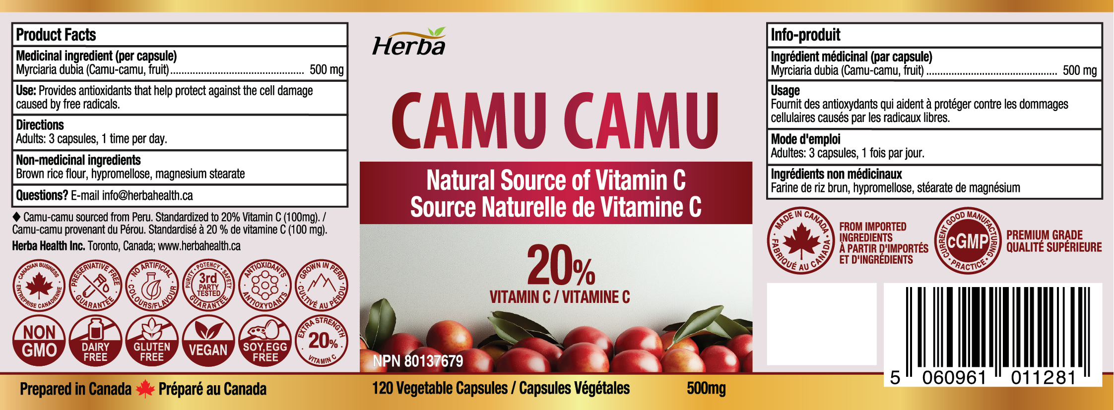 Capsules de Camu Camu 500mg - 120 Capsules | 20% Vitamine C Naturelle | Fabriqué au Canada
