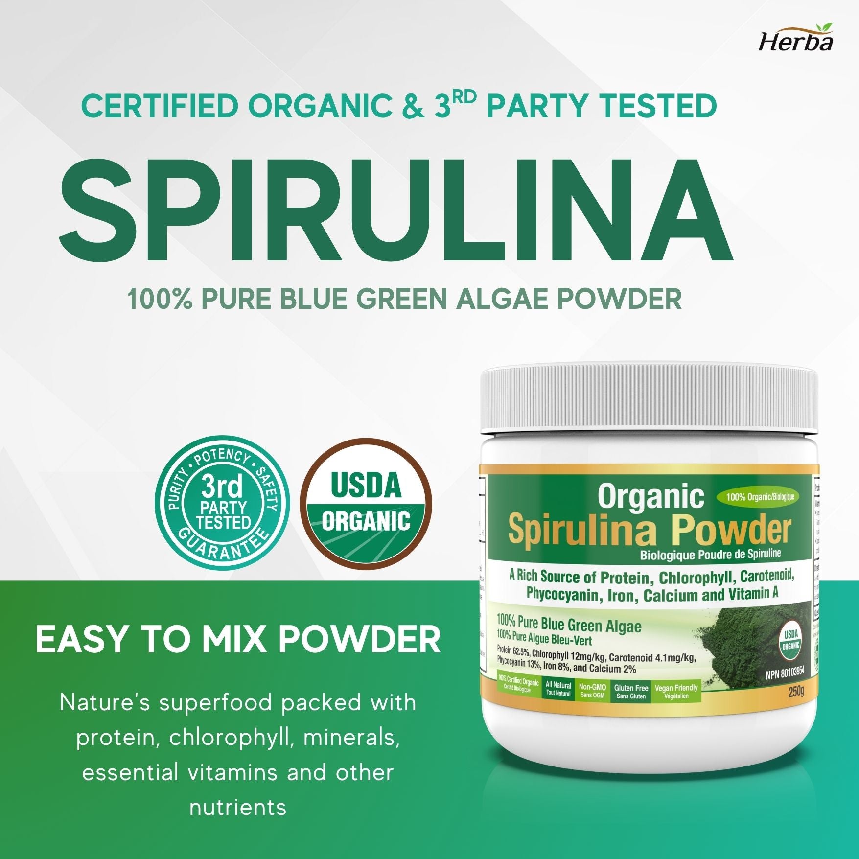 Poudre de Spiruline Bio 250g - 100% Bio & Fabriqué au Canada