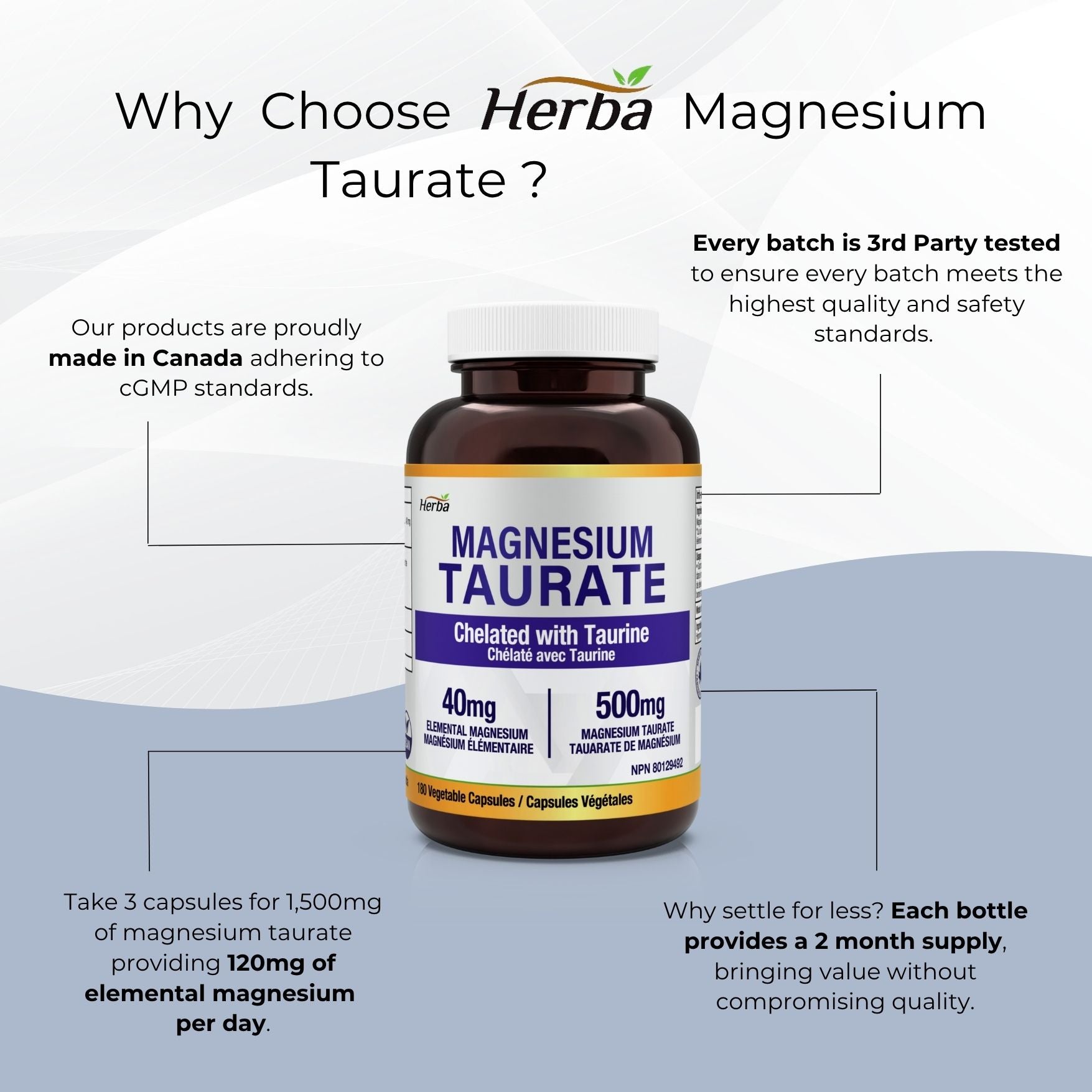 Supplément de taurate de magnésium 500 mg - 180 gélules | Fabriqué au Canada