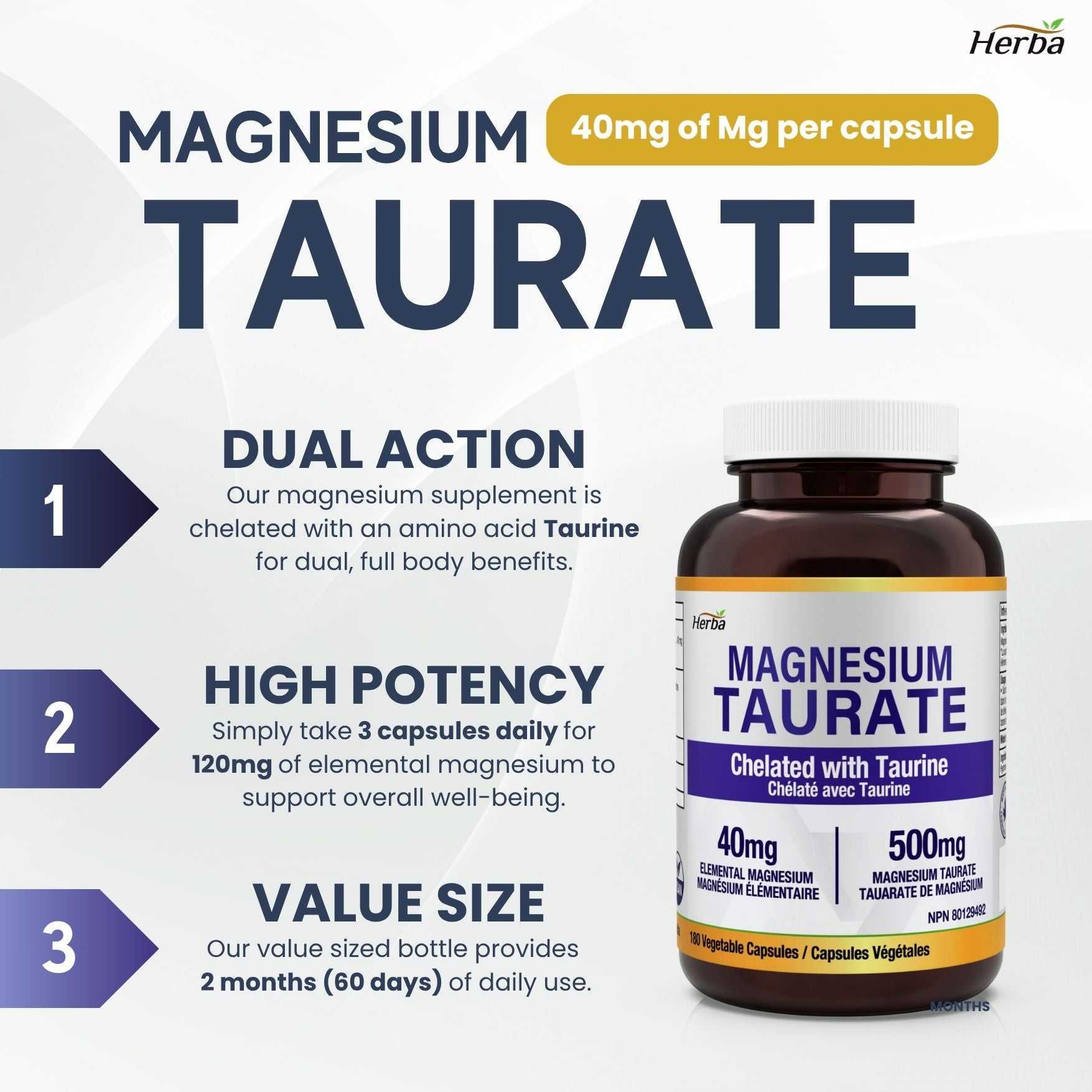 Supplément de taurate de magnésium 500 mg - 180 gélules | Fabriqué au Canada