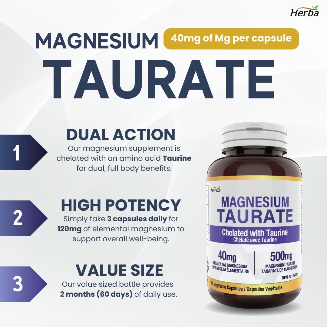 Supplément de taurate de magnésium 500 mg - 180 gélules | Fabriqué au Canada