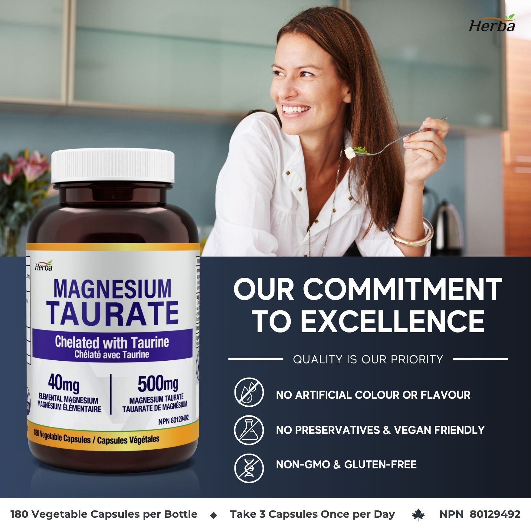 Supplément de taurate de magnésium 500 mg - 180 gélules | Fabriqué au Canada