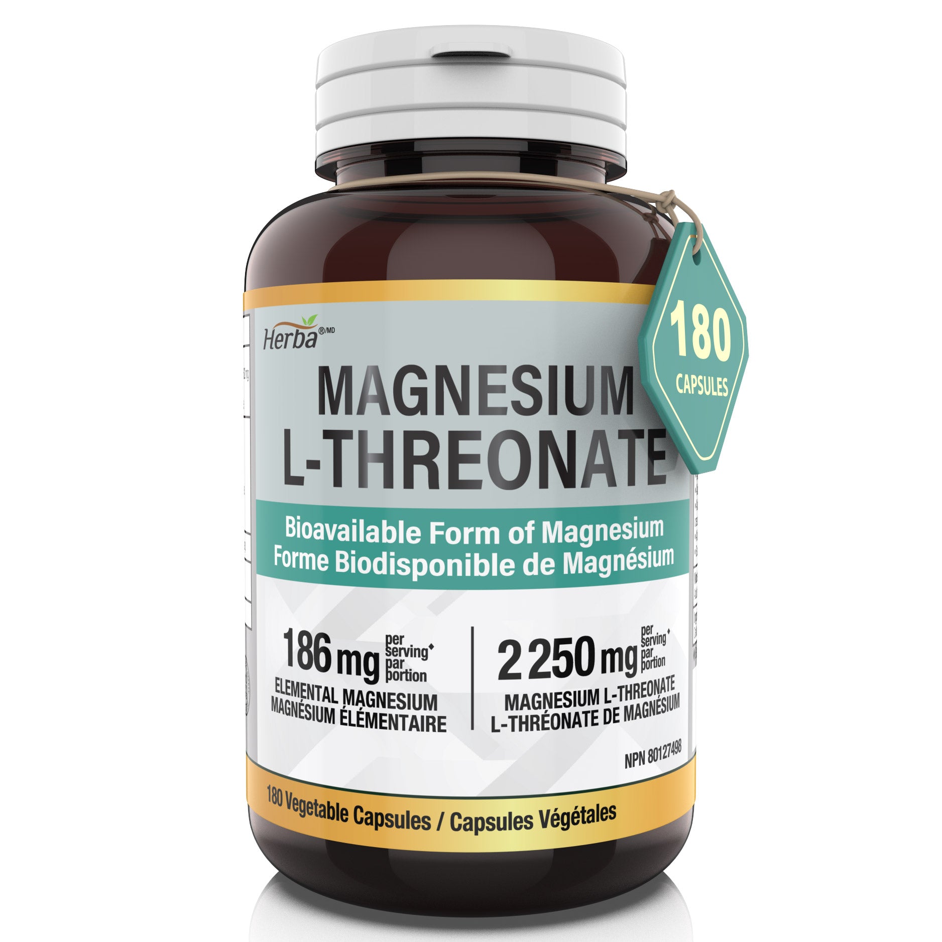Supplément de Magnésium L-Thréonate – 186mg | Fabriqué au Canada | 180 Capsules Végétales