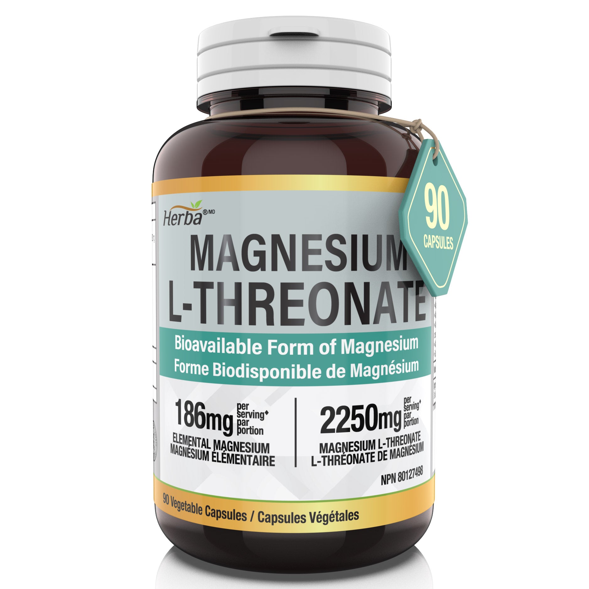 Supplément de magnésium L-thréonate – 186 mg | Fabriqué au Canada | 90 capsules végétales