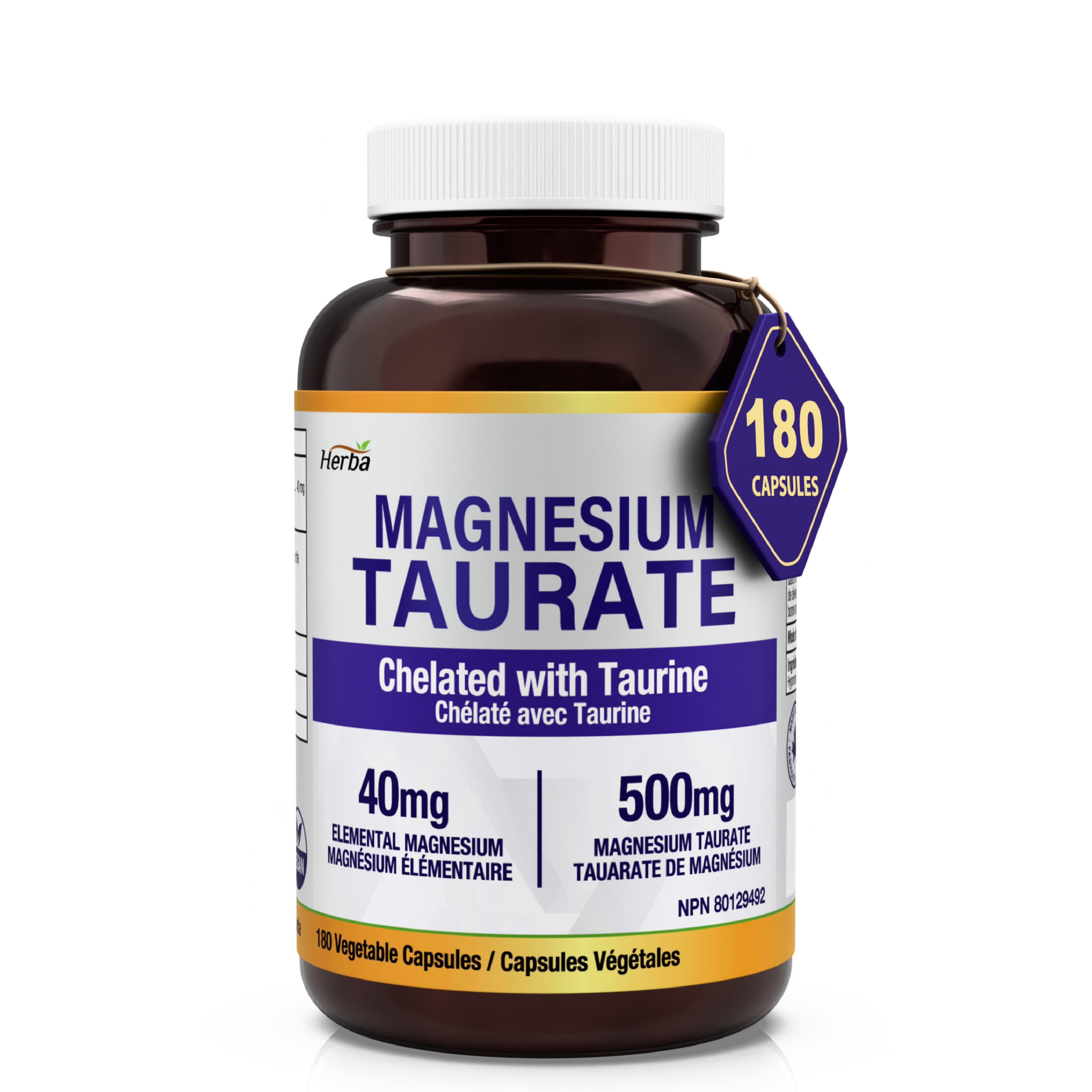 Supplément de taurate de magnésium 500 mg - 180 gélules | Fabriqué au Canada