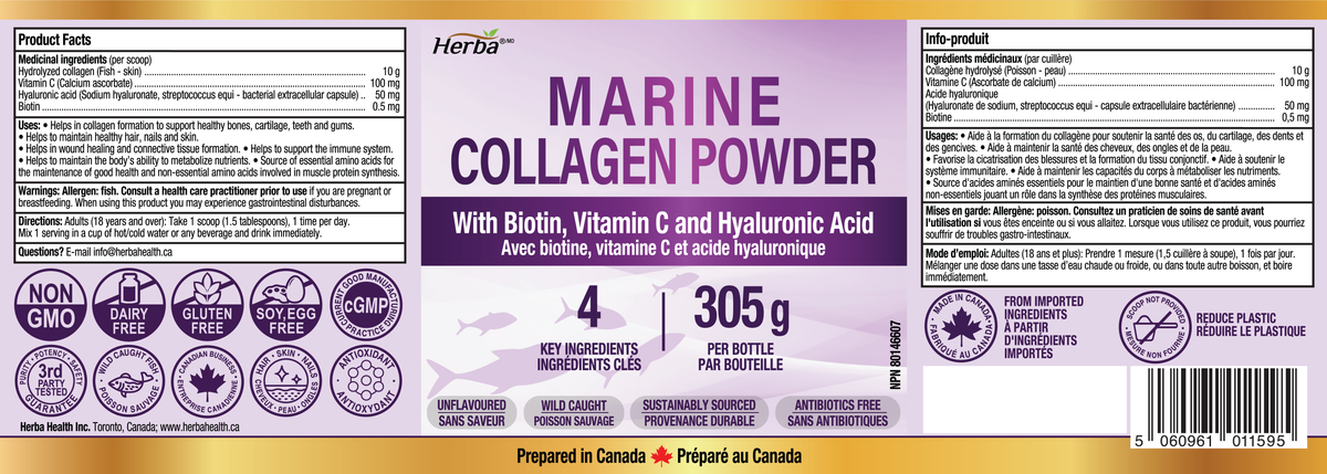 Marine Collagen Powder with Hyaluronic Acid, Vitamin C, and Biotin – 305g | Made in Canada
