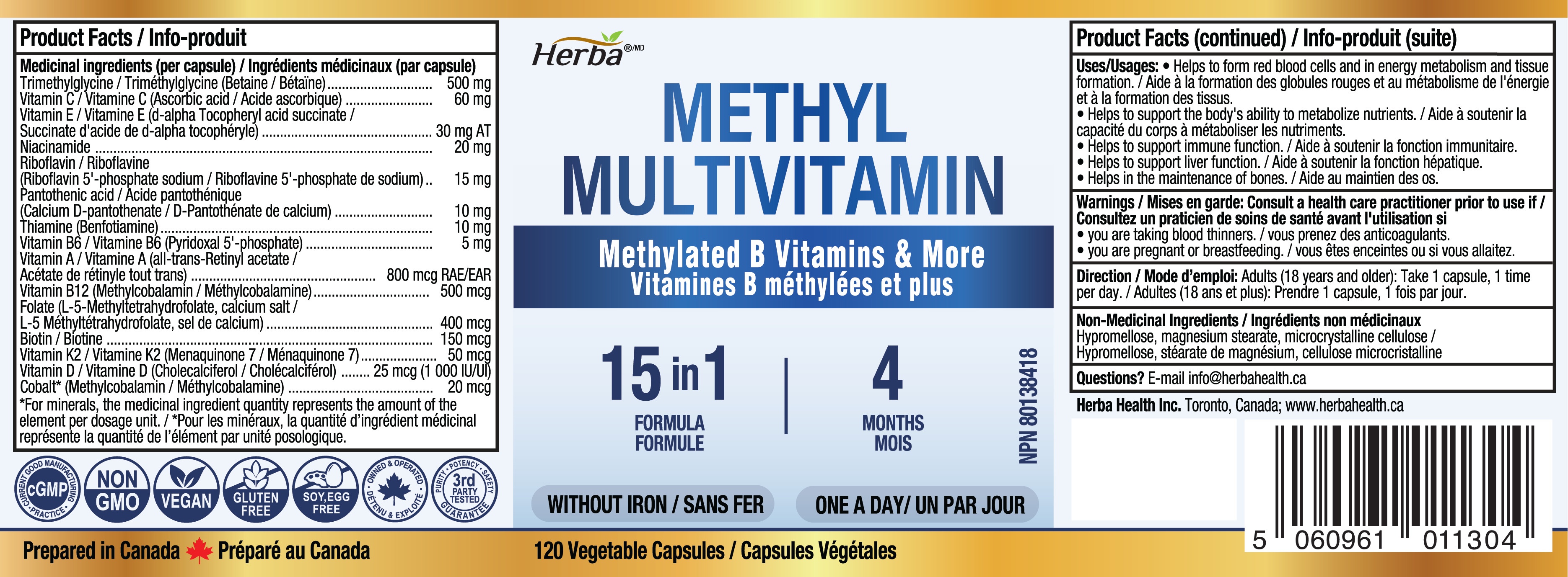 Methylated Multivitamin with TMG & Full Methylated B Complex - 120 Capsules | 15 in 1 Formula | Made in Canada