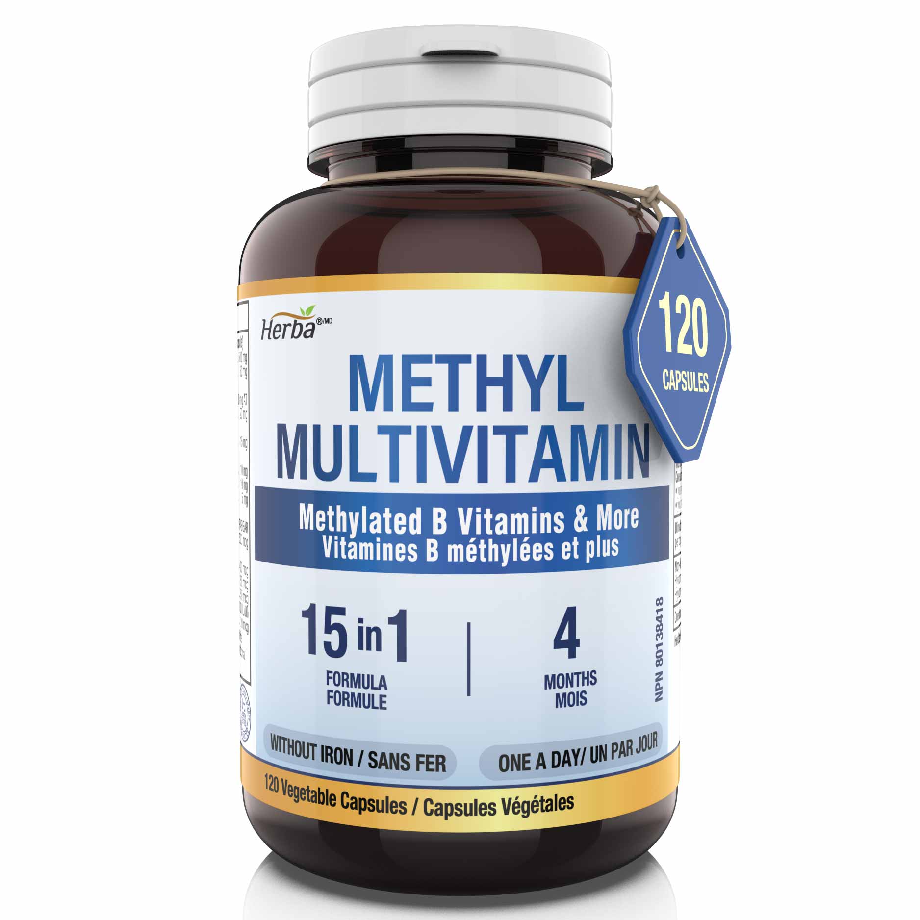 Methylated Multivitamin with TMG & Full Methylated B Complex - 120 Capsules | 15 in 1 Formula | Made in Canada