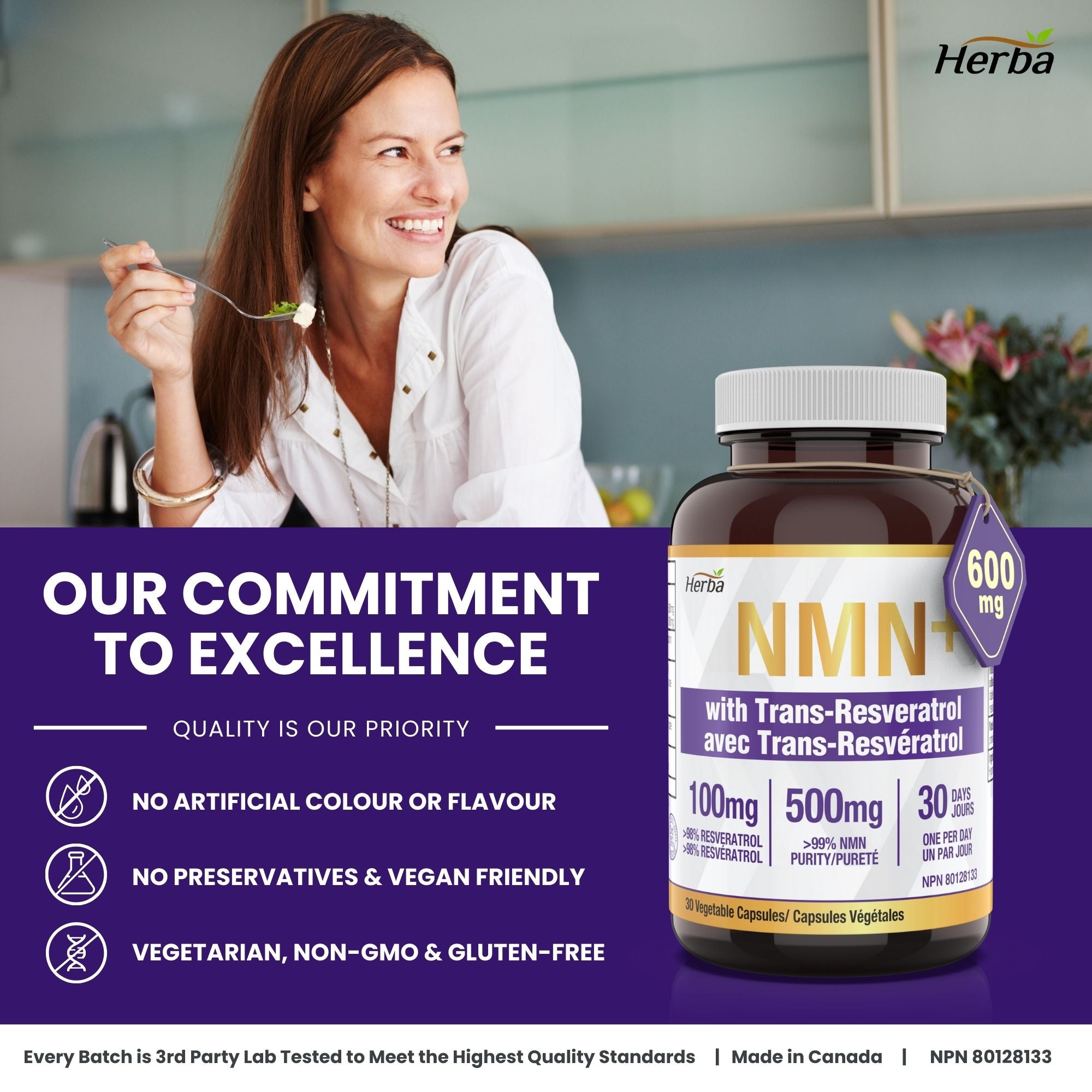 Supplément de NMN + Resvératrol - 600mg | Fabriqué au Canada | 30 capsules de légumes