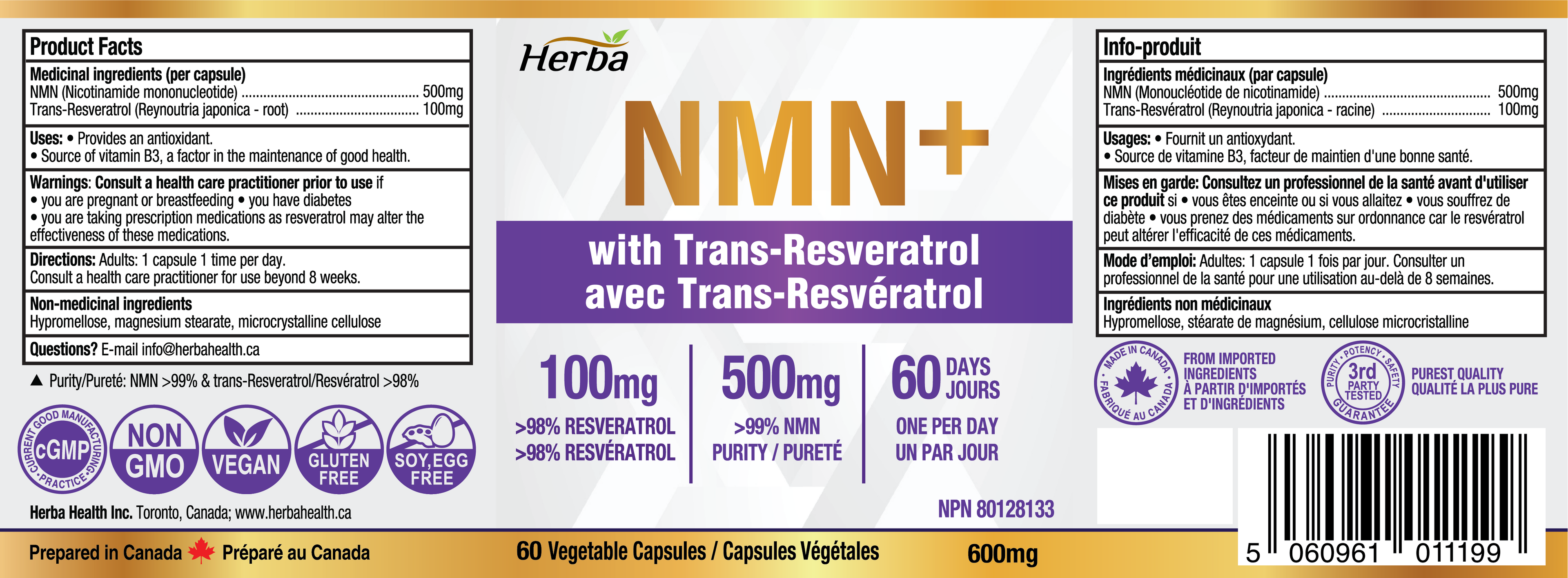 Supplément NMN + Resvératrol - 600 mg | Fabriqué au Canada | 60 Gélules Végétales