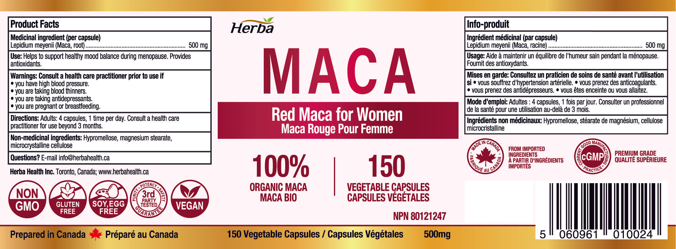 Gélules de Maca rouge biologique pour femme – 500 mg, 150 gélules