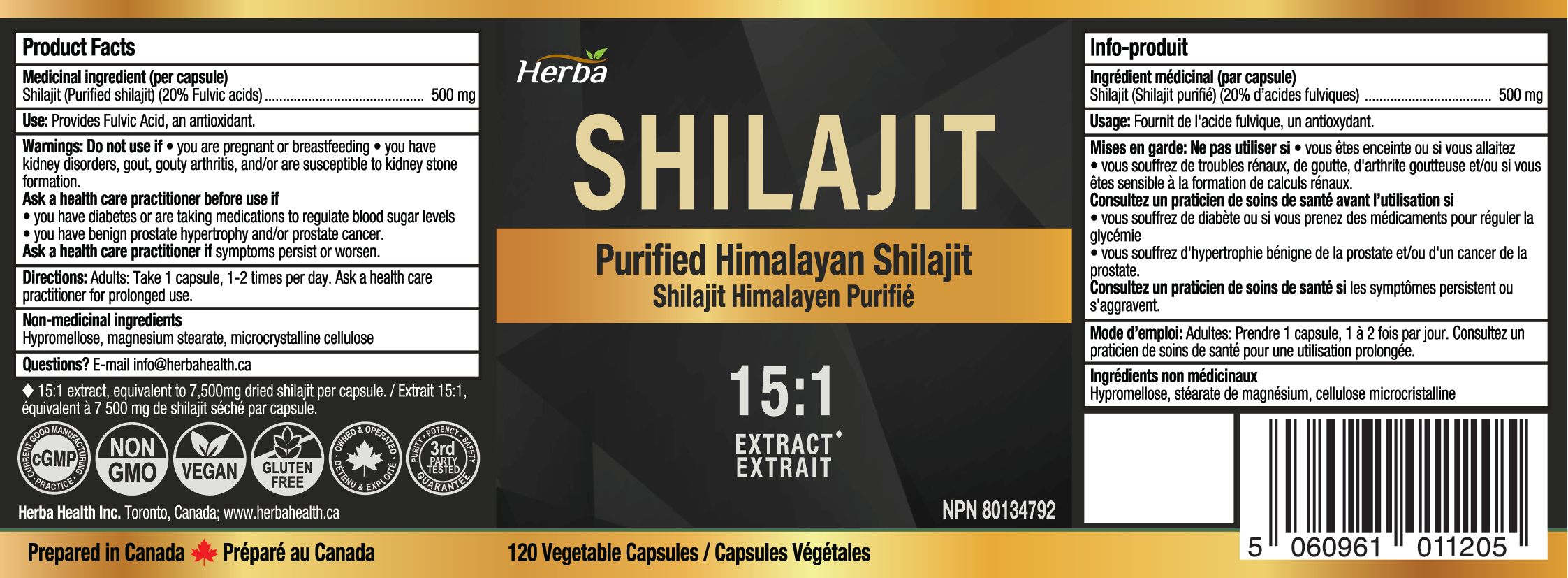 Shilajit himalayen pour femmes et hommes – 120 capsules | 1000 mg par portion (500 mg chacune) | 15:1 | fabriqué au Canada