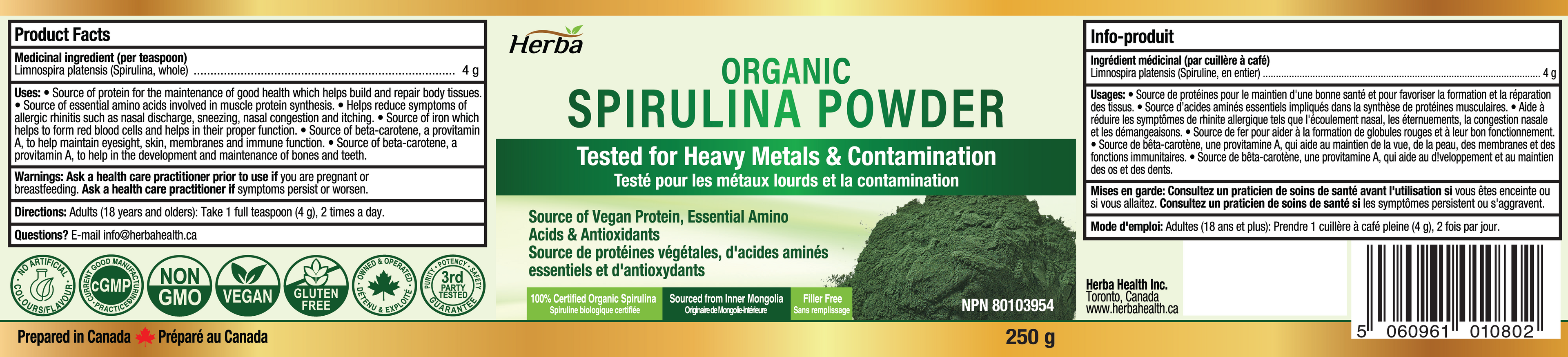 Poudre de Spiruline Bio 250g - 100% Bio & Fabriqué au Canada