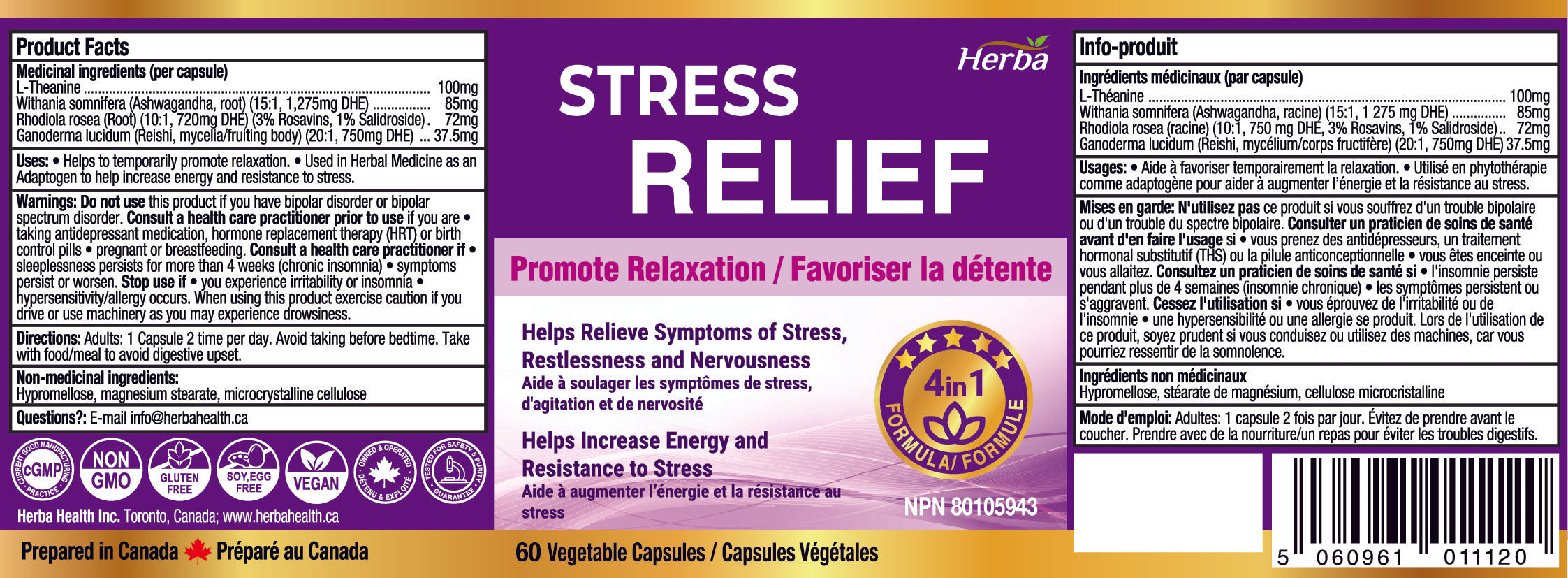 Aides naturelles au stress et au sommeil pour adultes - Sans mélatonine - 60 Capsules