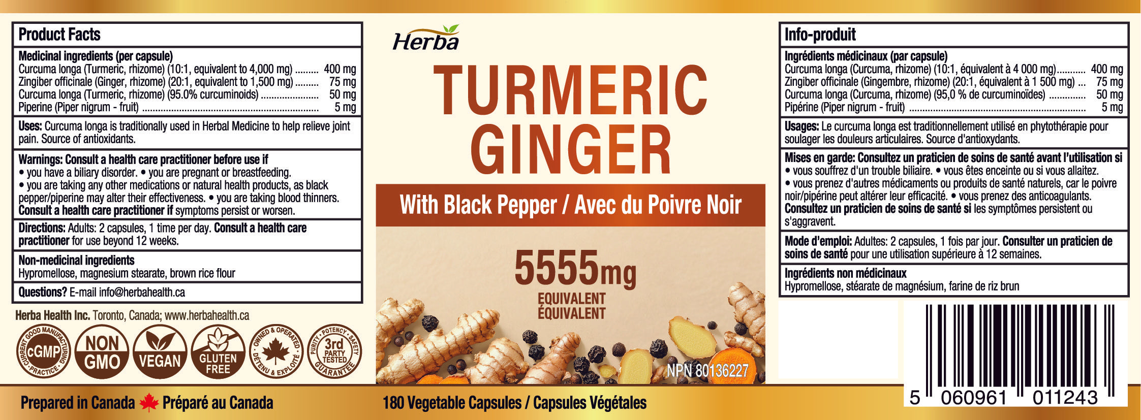 Curcuma avec poivre noir et gingembre - 180 capsules | Équivalent 5555 mg | Fabriqué au Canada