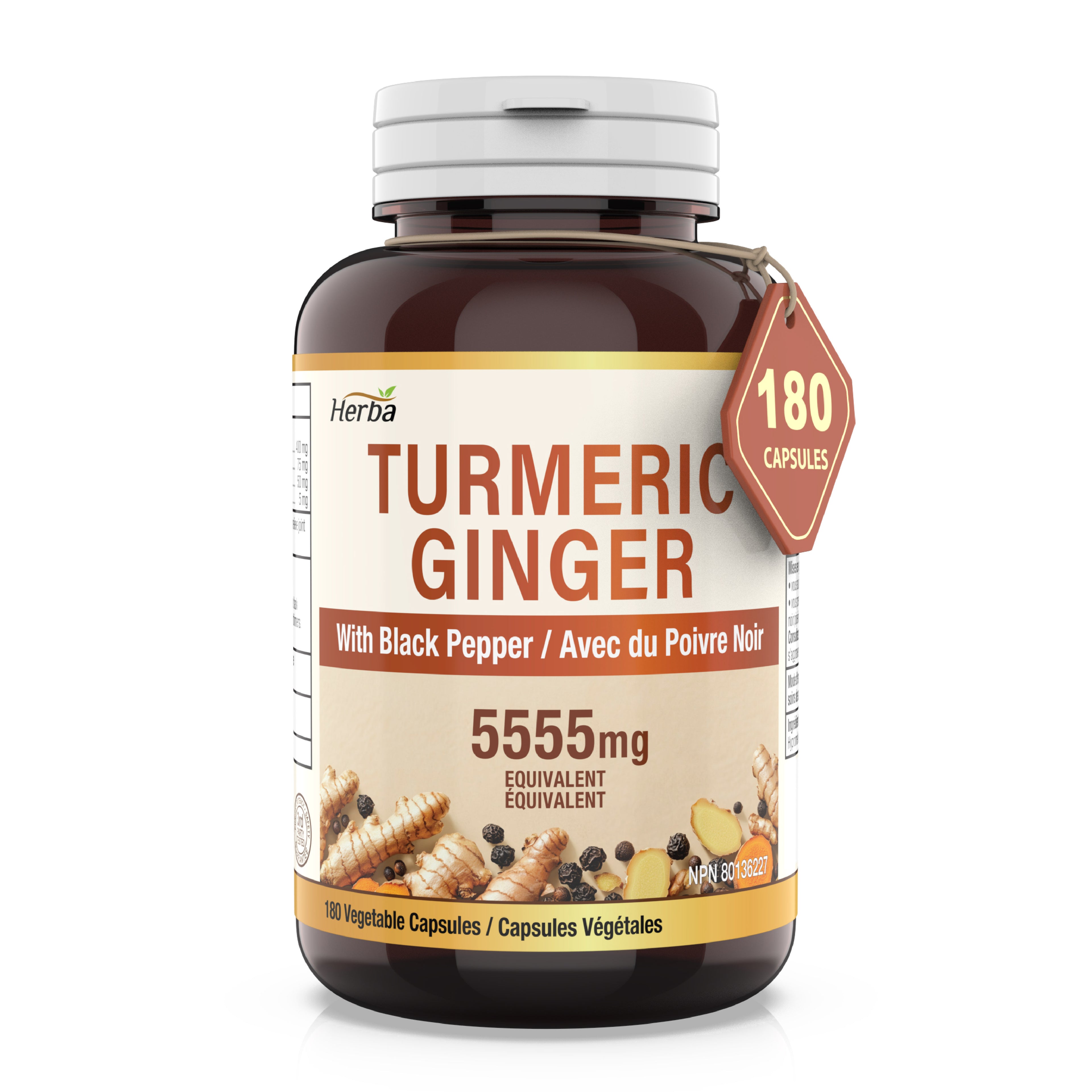 Curcuma avec poivre noir et gingembre - 180 capsules | Équivalent 5555 mg | Fabriqué au Canada