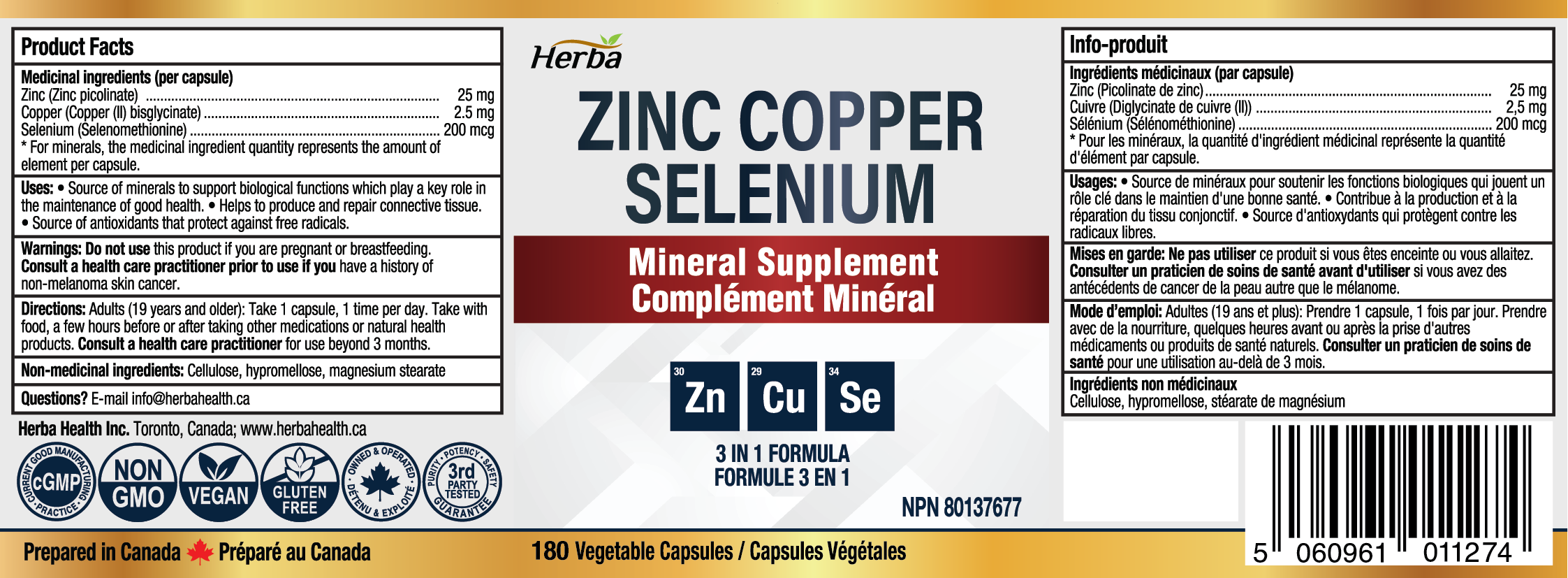 Zinc Copper Selenium Supplement - 180 Capsules | Made in Canada