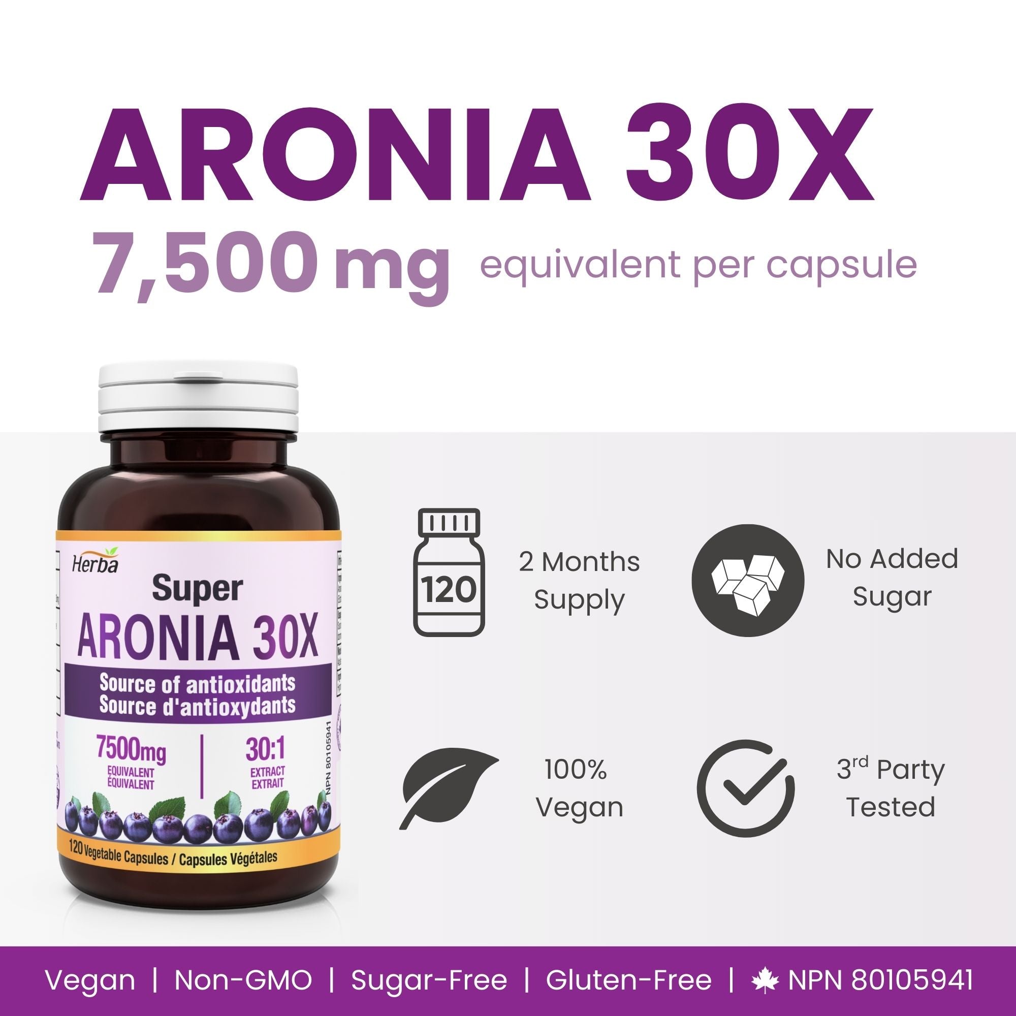 Aronia Berry Extract 250mg – 120 Capsules | 7500mg Fruit Equivalent | 30:1 Aronia Extract Supplement