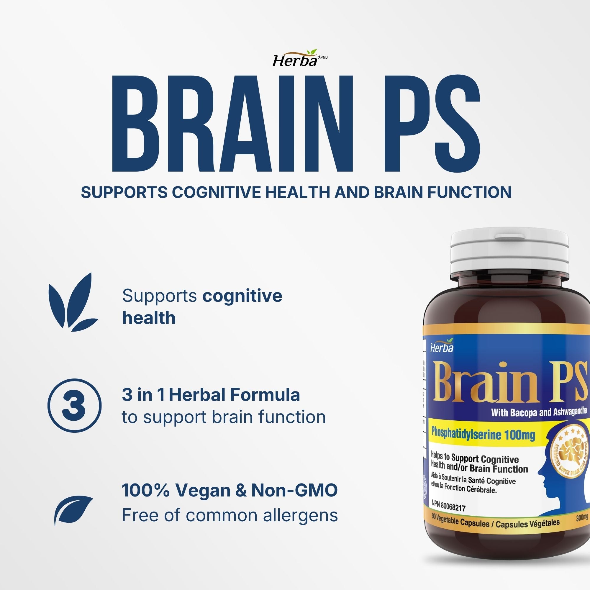 Brain PS - 90 Capsules | Brain Supplement with Phosphatidylserine, Bacopa Monnieri, and Ashwagandha