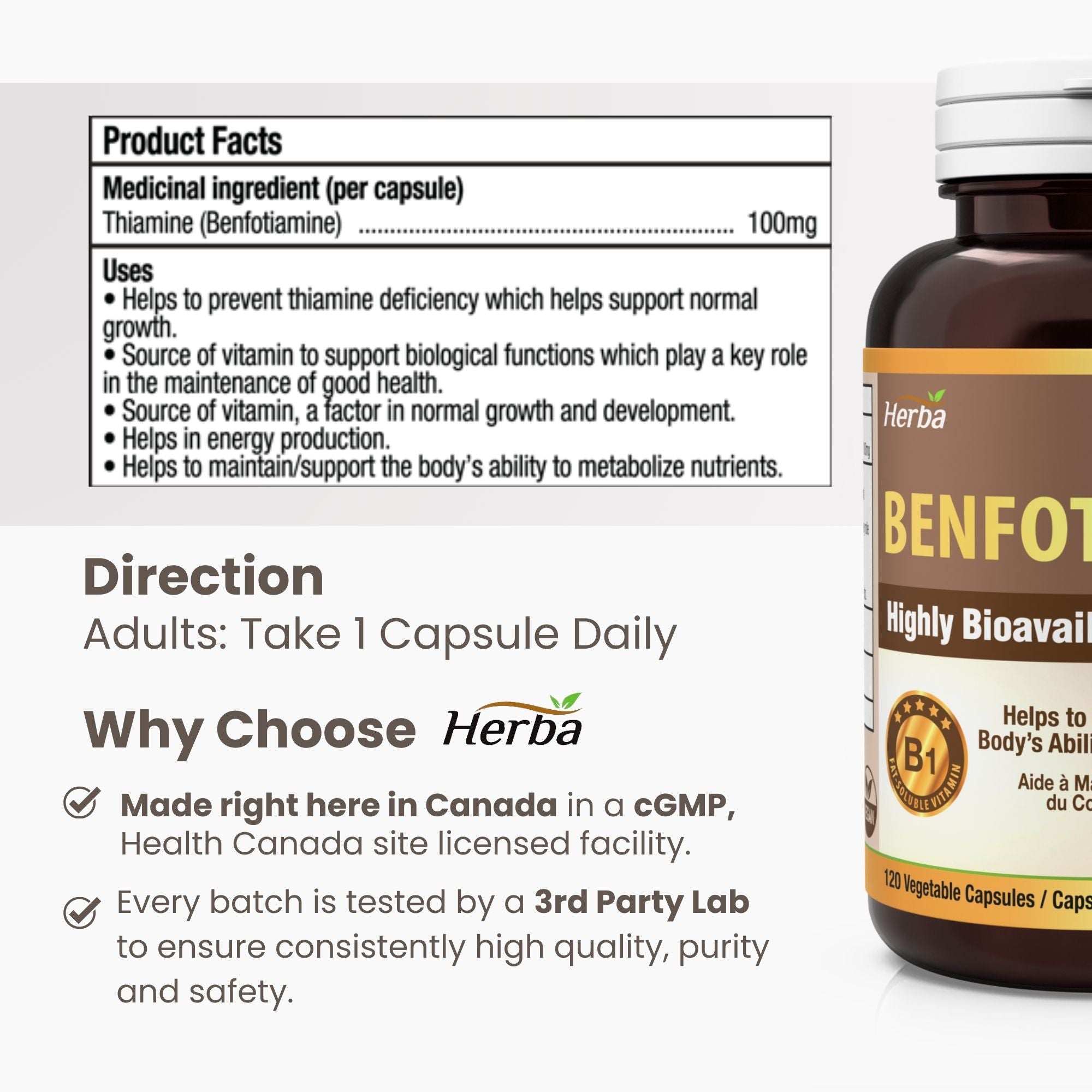 Benfotiamine 100mg - 120 Capsules | Fat Soluble Vitamin B1 | Made in Canada