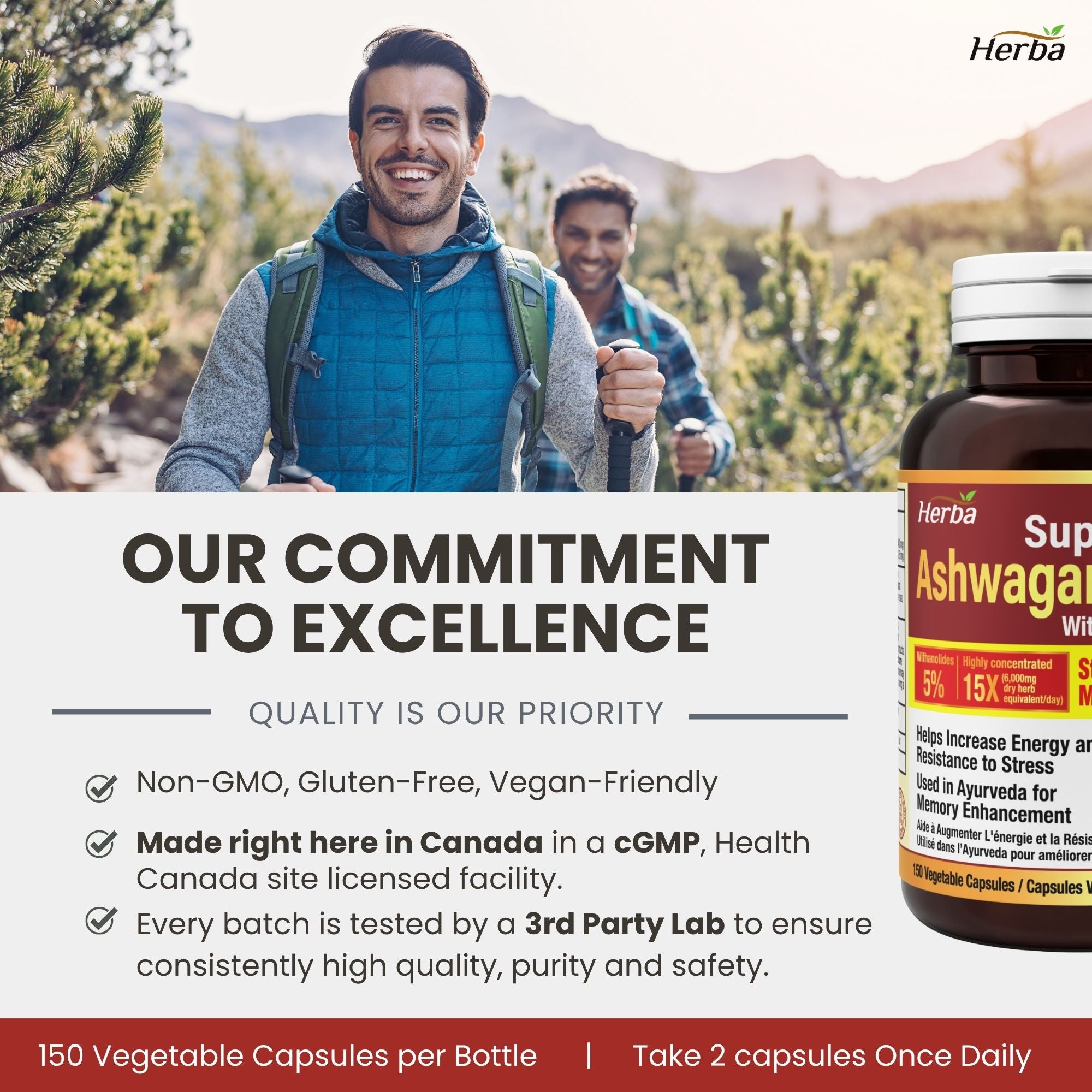 Ashwagandha Supplement - 150 Capsules | Made in Canada | 6000mg Dry Powder Equivalent Per Day