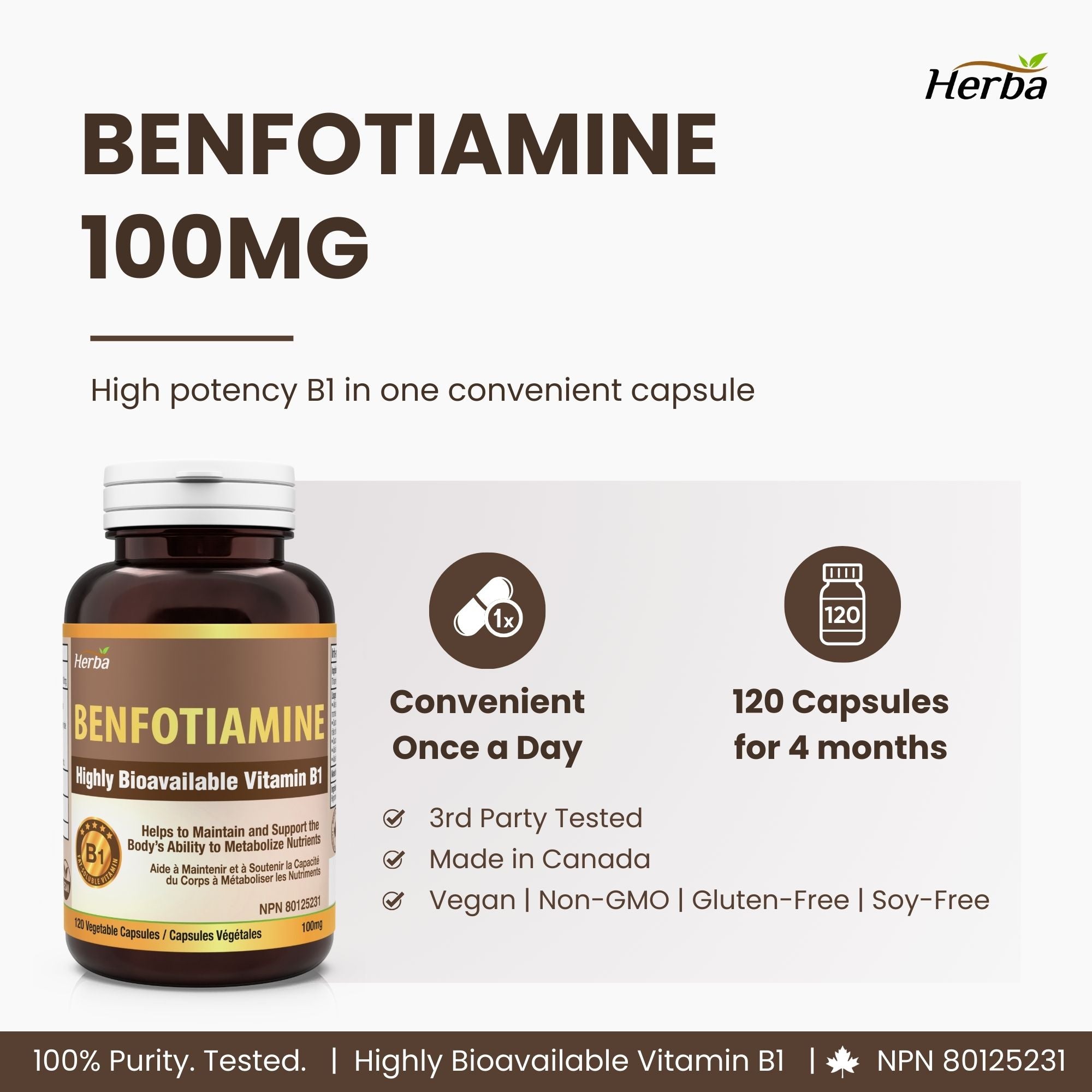 Benfotiamine 100mg - 120 Capsules | Fat Soluble Vitamin B1 | Made in Canada