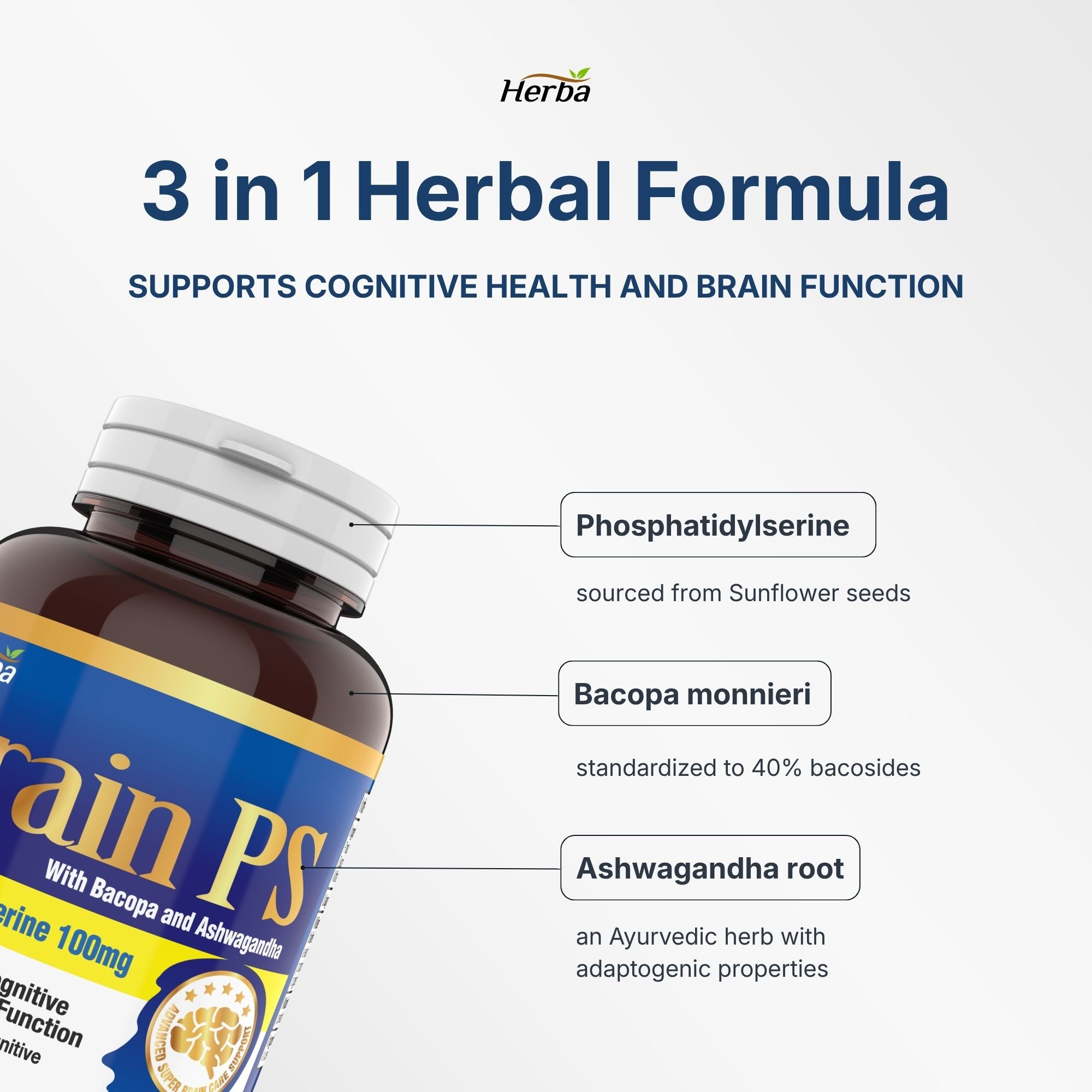 Brain PS - 90 Capsules | Brain Supplement with Phosphatidylserine, Bacopa Monnieri, and Ashwagandha