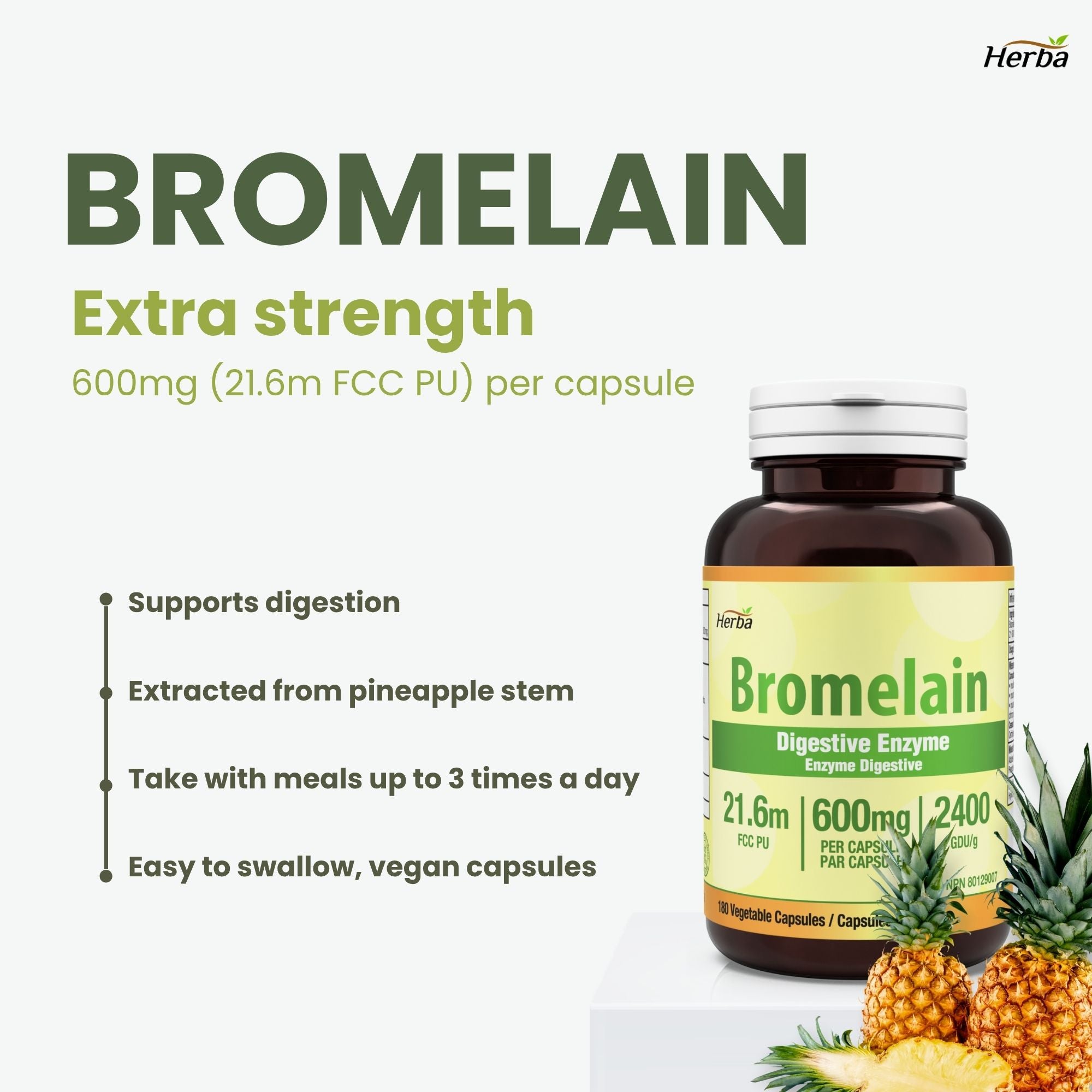 Bromelain Supplement 600mg – 180 Capsules | 2,400 GDU/g Max Potency