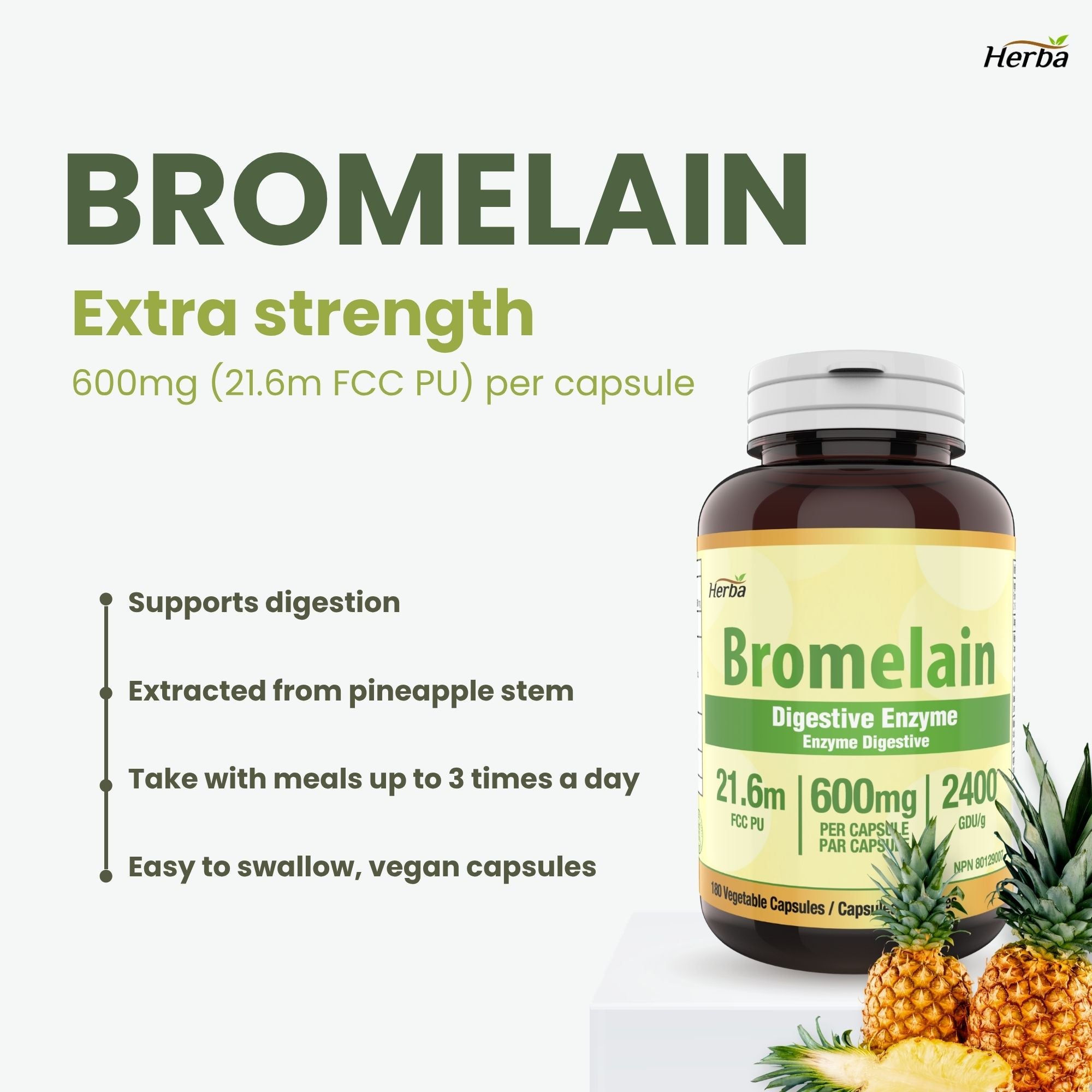 Supplément de bromélaïne 600 mg – 180 gélules | Puissance maximale de 2 400 GDU/g