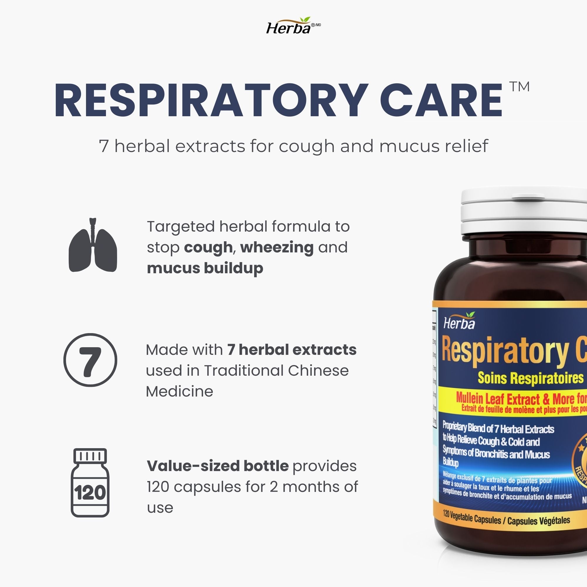 Respiratory Care - 120 Capsules | Lung Supplement with Mullein Leaf Extract | Made in Canada