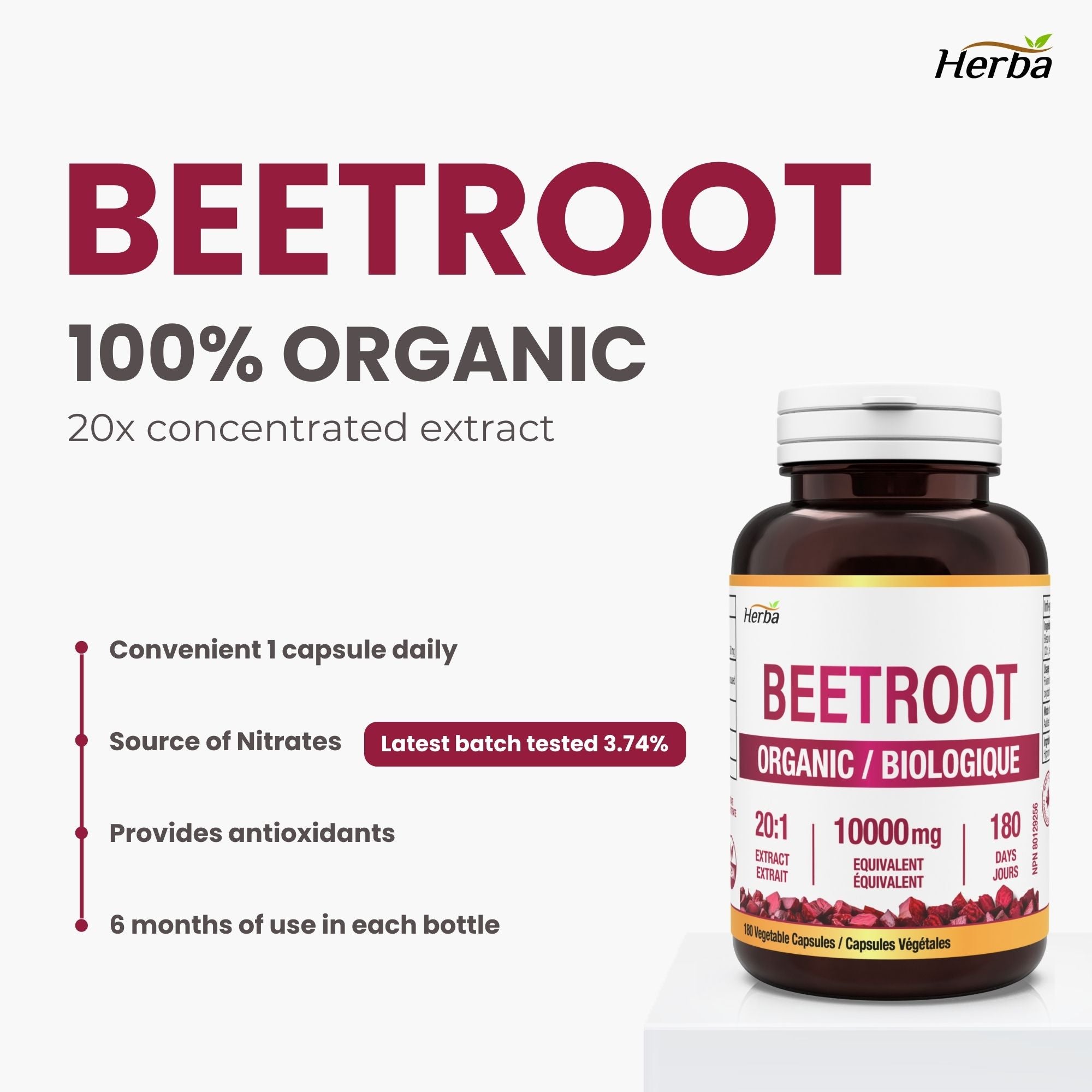 Supplément de racine de betterave biologique - 180 Capsules | Équivalent à 10 000 mg - Extrait de betterave 20:1 | Fabriqué au Canada