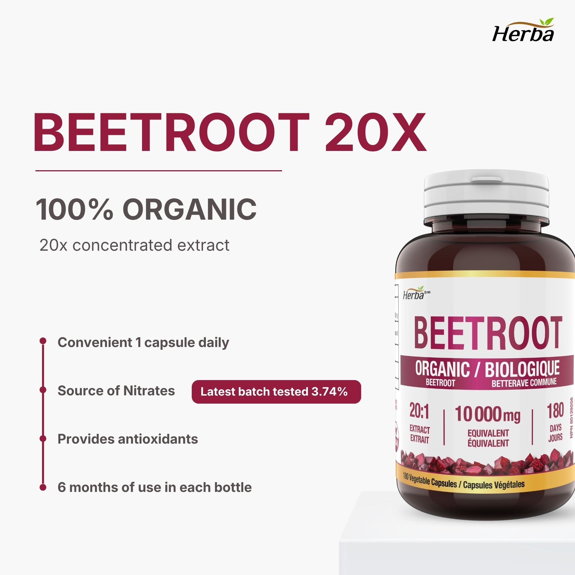 Supplément de racine de betterave biologique - 180 Capsules | Équivalent à 10 000 mg - Extrait de betterave 20:1 | Fabriqué au Canada