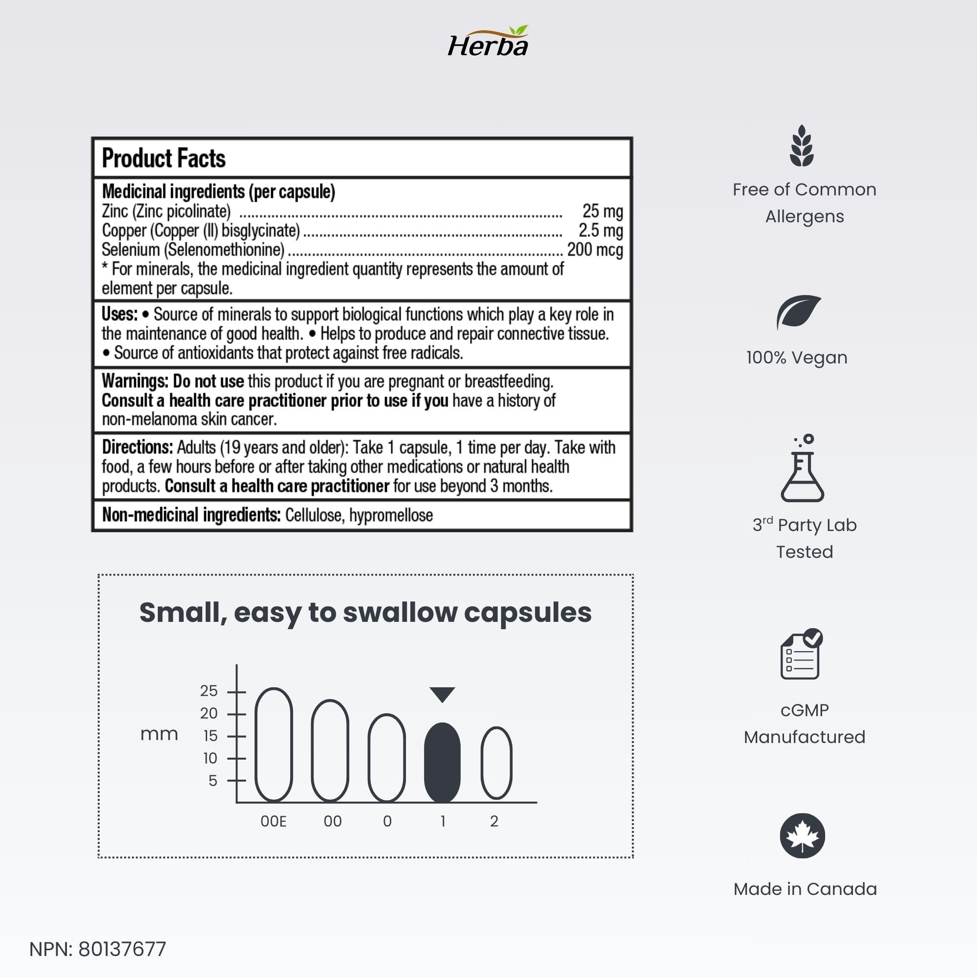 Complément de Zinc Cuivre Sélénium - 180 Capsules | Fabriqué au Canada